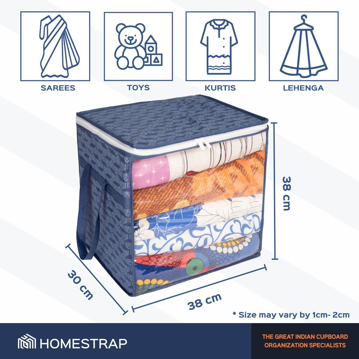 Homestrap Set Of 4 Jumbo Saree Cover With Front Window And Side Handle |Stackable Clothes Storage Organizer (Navy Blue, Polypropylene)