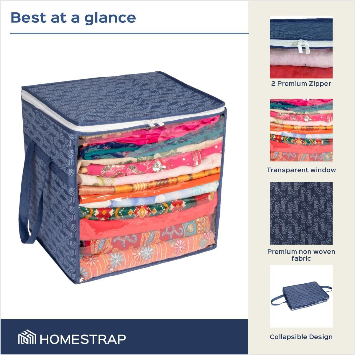Homestrap Set Of 4 Jumbo Saree Cover With Front Window And Side Handle |Stackable Clothes Storage Organizer (Navy Blue, Polypropylene)