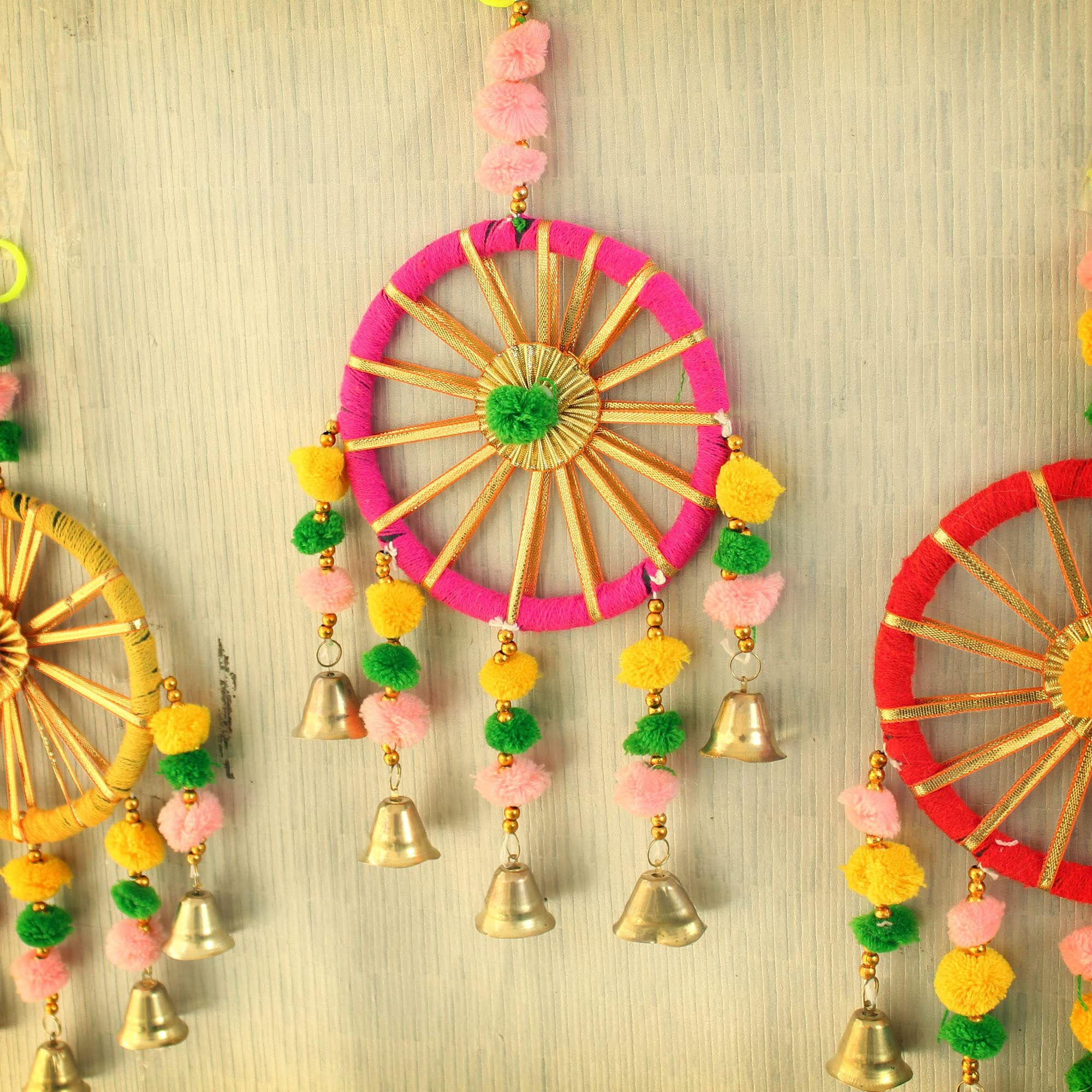 Tied Ribbons Decorative Wall Door Hanging Latkan Toran With Bells (Set Of 4,30 Cmx13 Cm) For Main Door Entrance Pooja Room Rajasthani Traditional Decorative-Decoration Items For Home Decor-Multicolor
