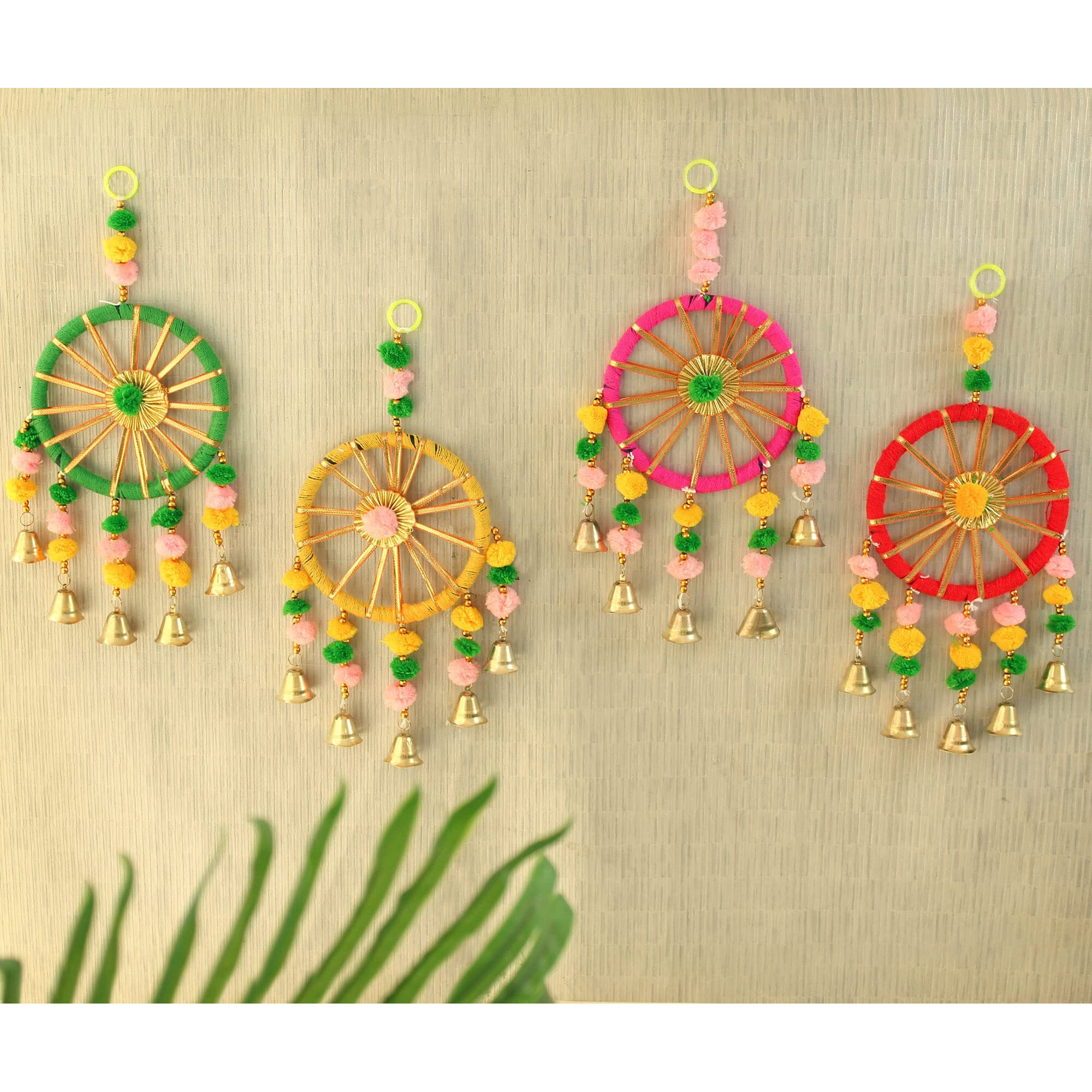 Tied Ribbons Decorative Wall Door Hanging Latkan Toran With Bells (Set Of 4,30 Cmx13 Cm) For Main Door Entrance Pooja Room Rajasthani Traditional Decorative-Decoration Items For Home Decor-Multicolor