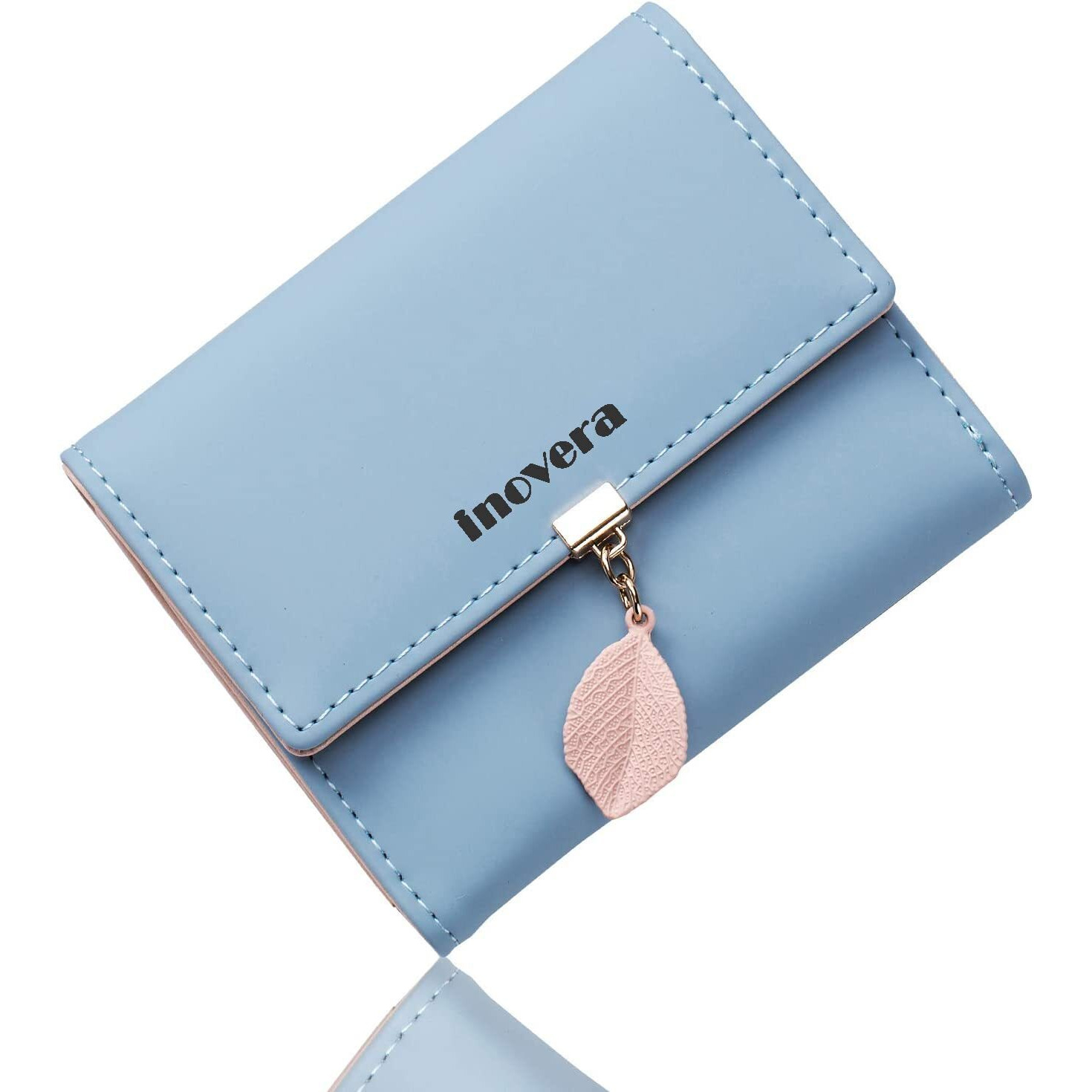Inovera (Label) Faux Leather Girl's Fashion Card Coin Holder Ladies Small Metal Leaf Purse Women's Wallet (Light Blue)