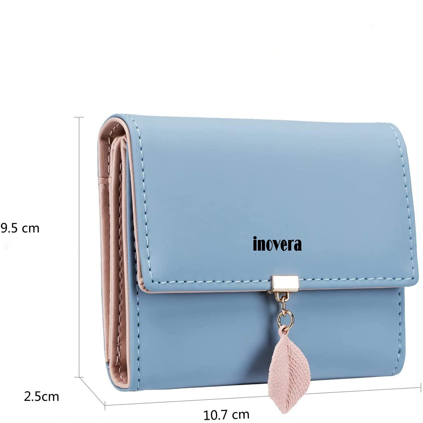Inovera (Label) Faux Leather Girl's Fashion Card Coin Holder Ladies Small Metal Leaf Purse Women's Wallet (Light Blue)