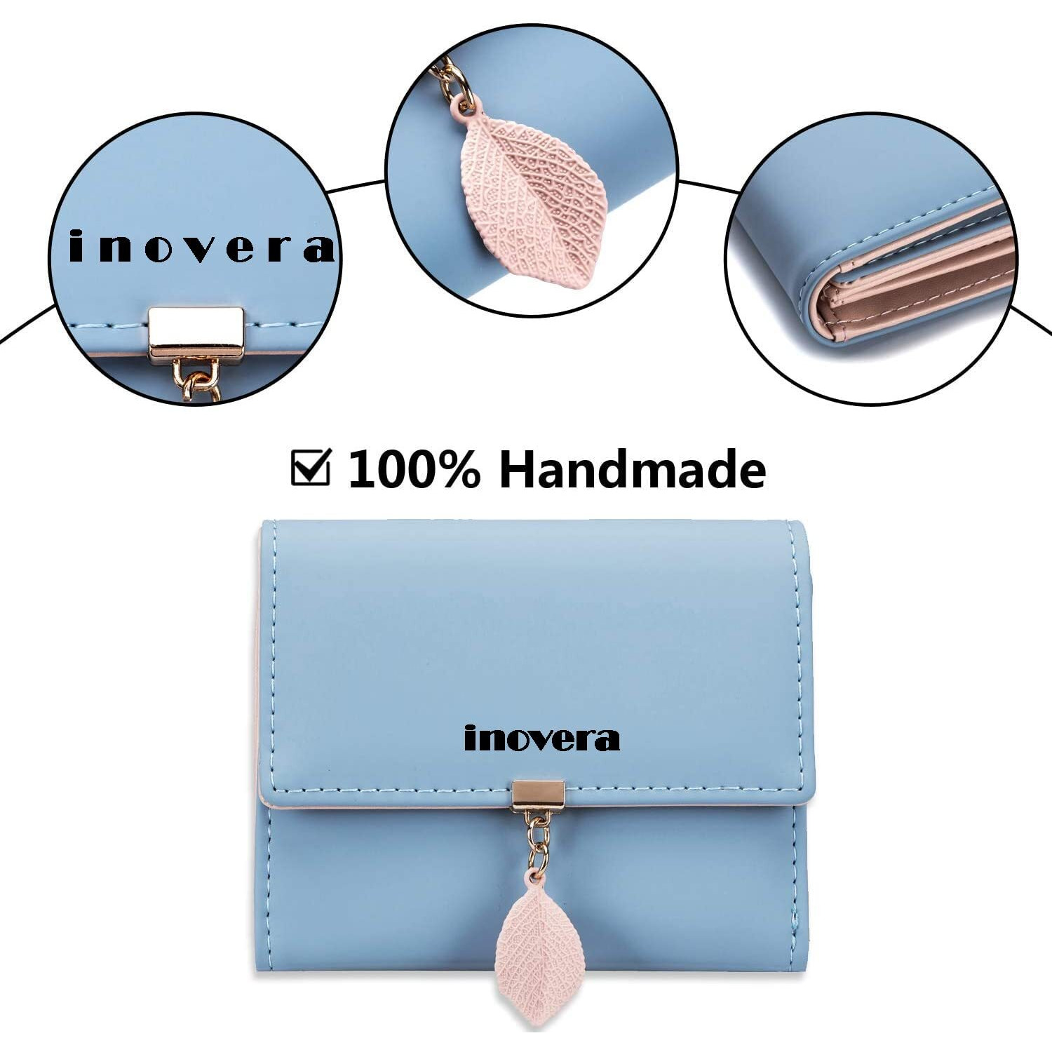 Inovera (Label) Faux Leather Girl's Fashion Card Coin Holder Ladies Small Metal Leaf Purse Women's Wallet (Light Blue)