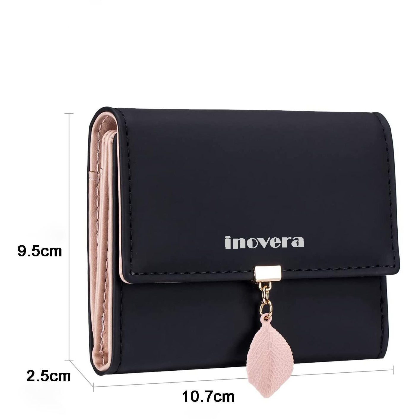 Inovera (Label) Faux Leather Girl's Fashion Card Coin Holder Ladies Small Metal Leaf Purse Women's Wallet (Black)