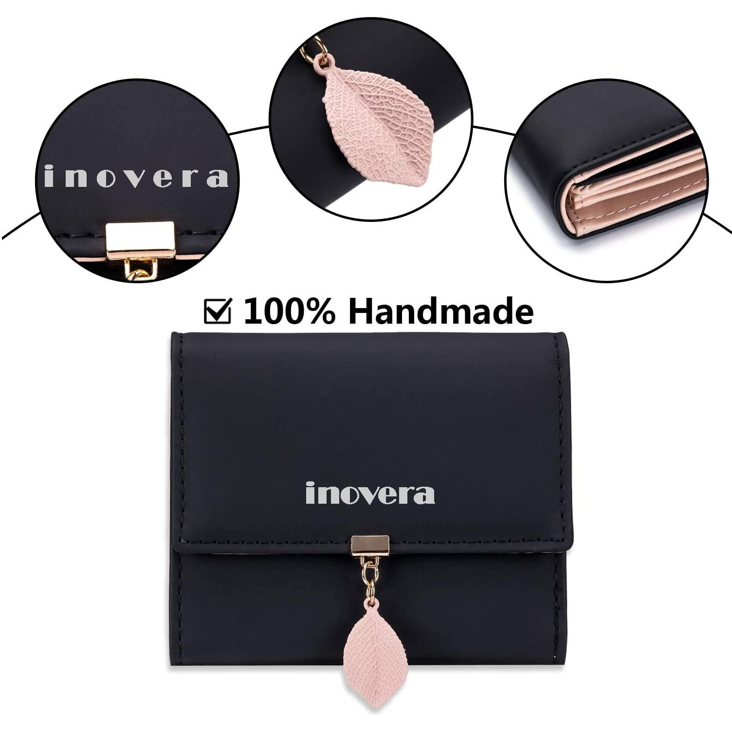 Inovera (Label) Faux Leather Girl's Fashion Card Coin Holder Ladies Small Metal Leaf Purse Women's Wallet (Black)