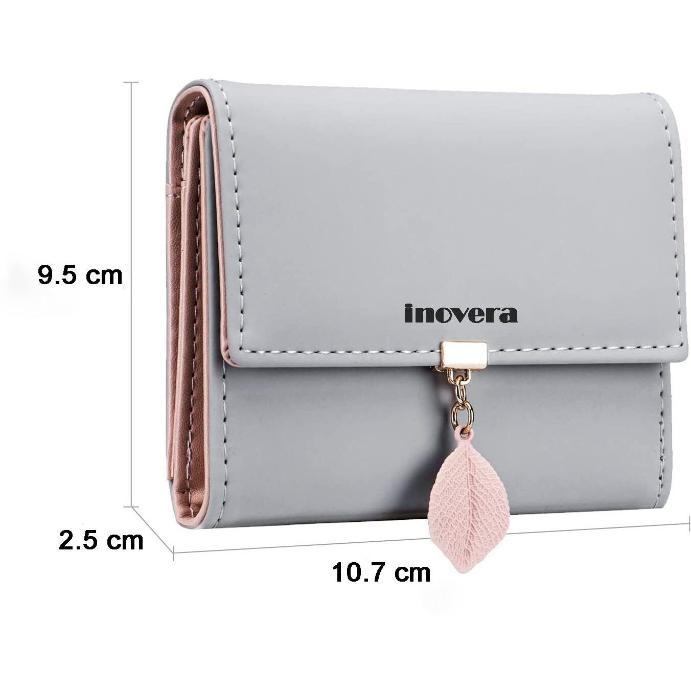 Inovera (Label) Faux Leather Girl's Fashion Card Coin Holder Ladies Small Metal Leaf Purse Women's Wallet (Grey)