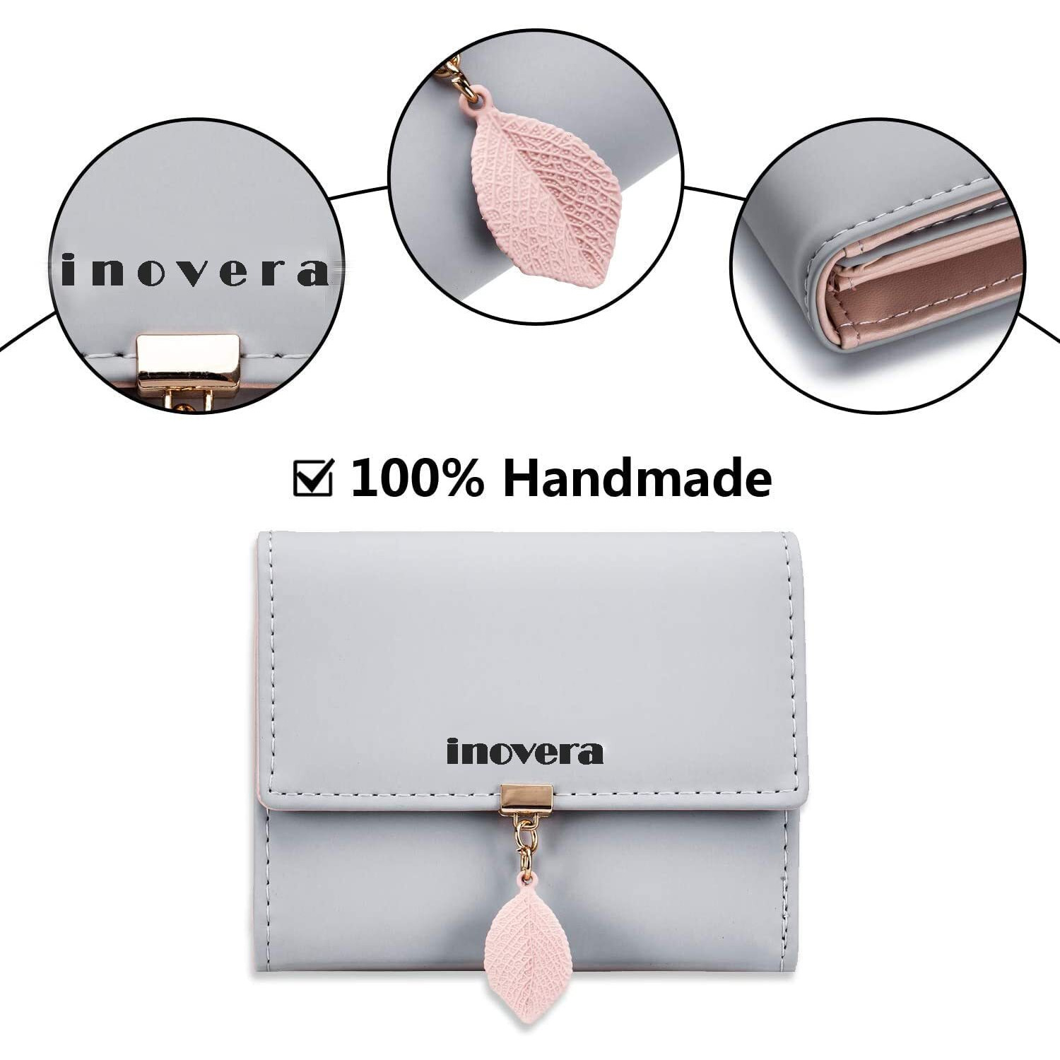 Inovera (Label) Faux Leather Girl's Fashion Card Coin Holder Ladies Small Metal Leaf Purse Women's Wallet (Grey)