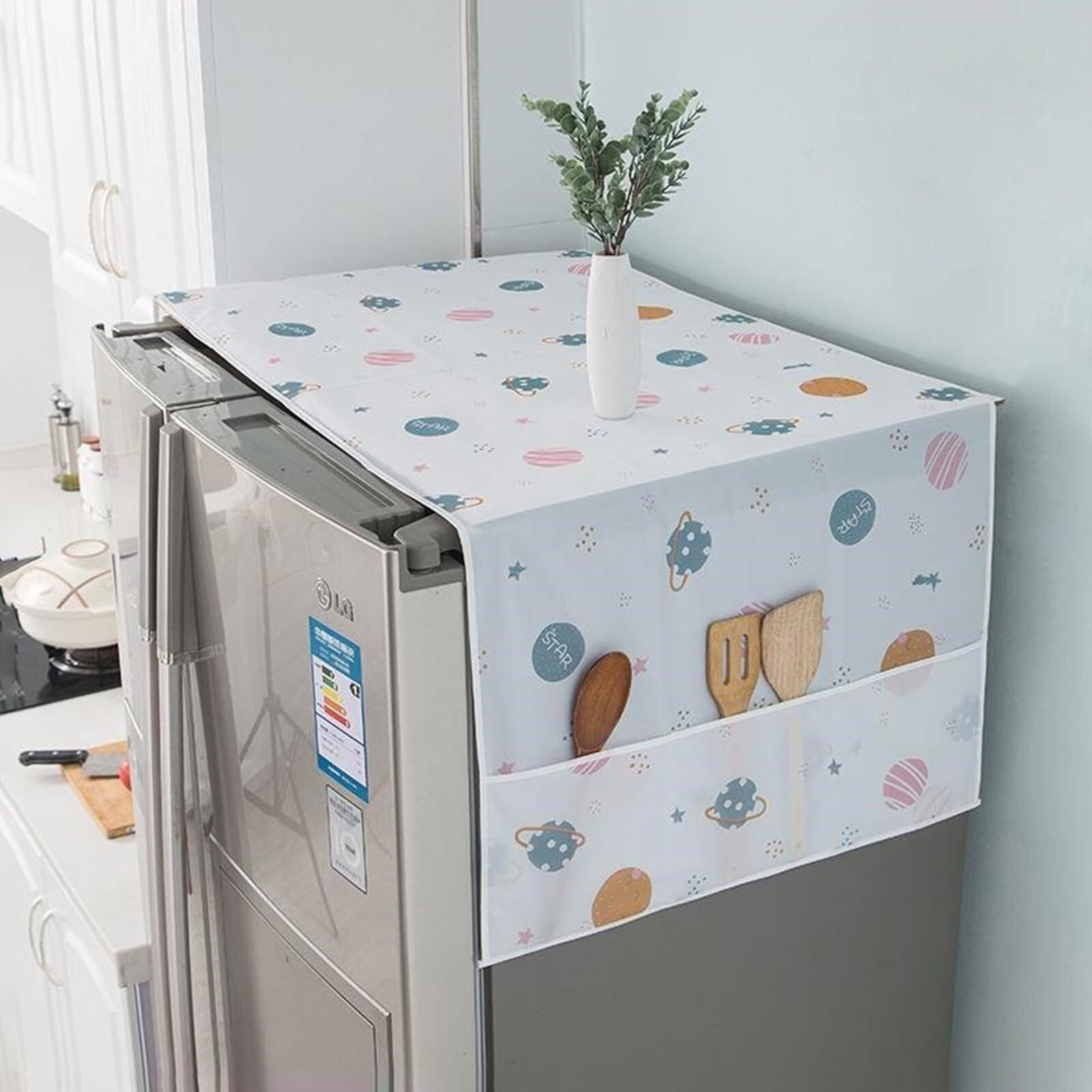 Wolpin 1Pc Fridge Cover For Top Double Door With 6 Utility Pockets Designer Prints Waterproof