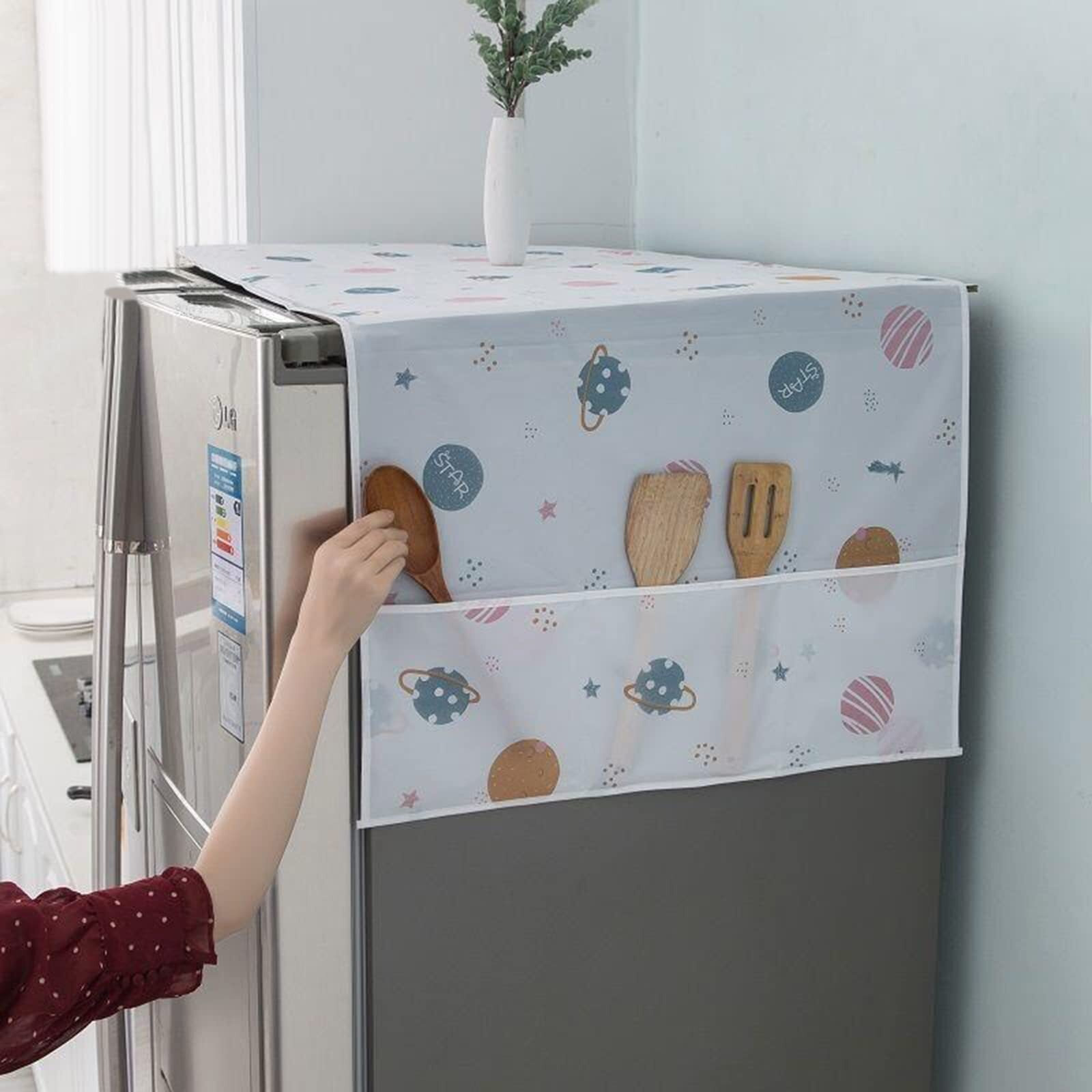 Wolpin 1Pc Fridge Cover For Top Double Door With 6 Utility Pockets Designer Prints Waterproof