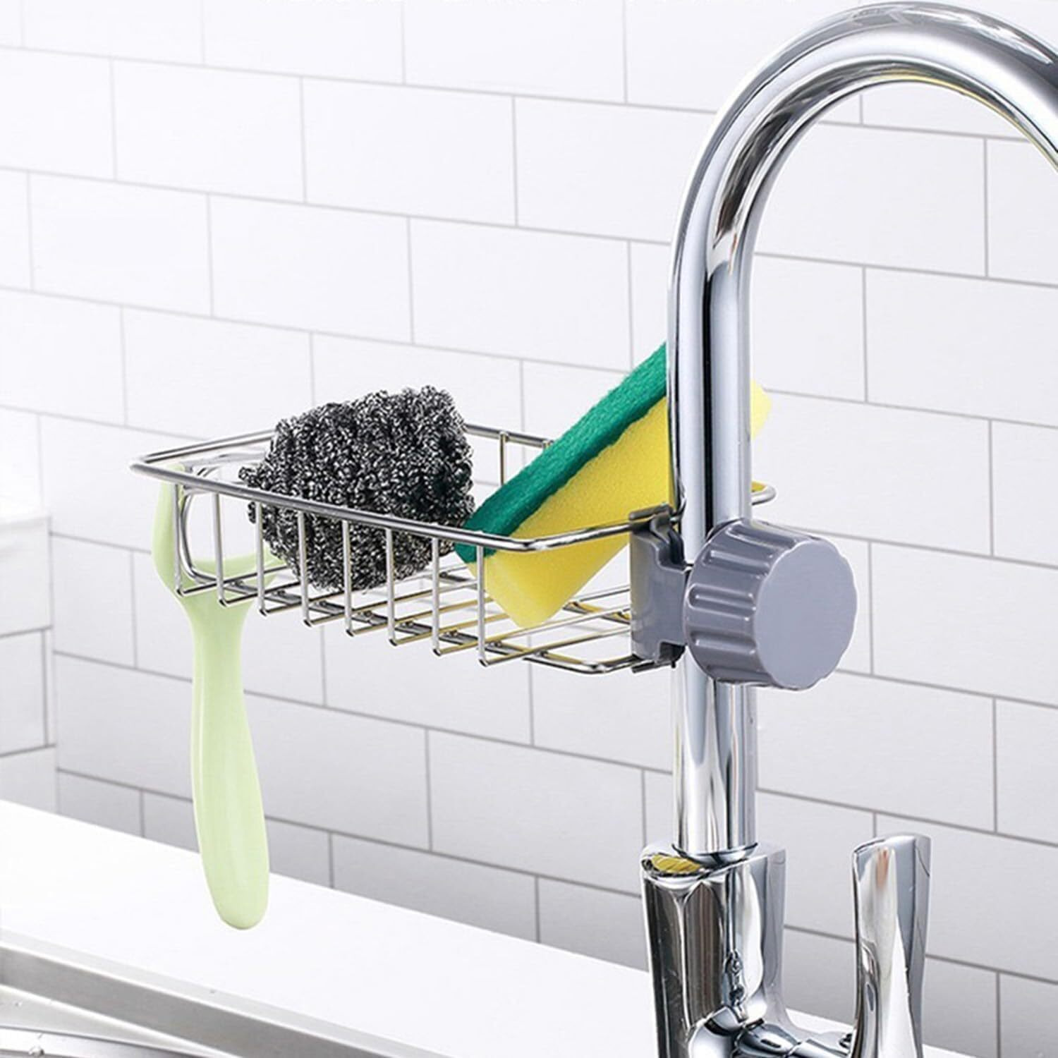 Puji Kitchen Sink Caddy Organizer Over Faucet Sponge Holder, Stainless Steel Heavy Duty Thickening Hanging Faucet Drain Rack For Scrubbers, Soap, Bathroom, Detachable No Suction Cup Or Magnet