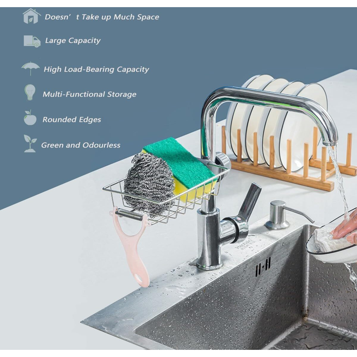 Puji Kitchen Sink Caddy Organizer Over Faucet Sponge Holder, Stainless Steel Heavy Duty Thickening Hanging Faucet Drain Rack For Scrubbers, Soap, Bathroom, Detachable No Suction Cup Or Magnet