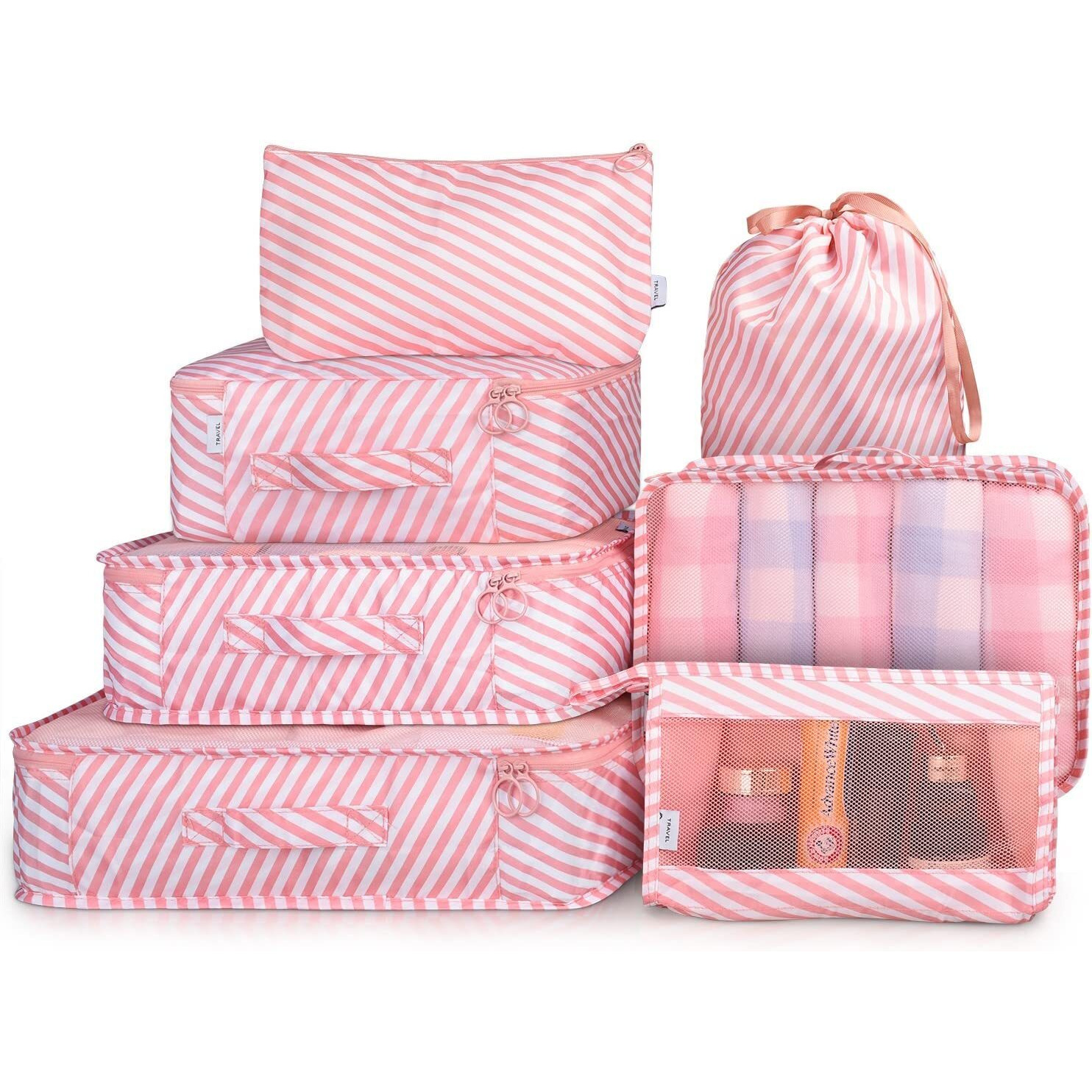 House Of Quirk Fabric 7Pcs Set Travel Organizer Packing Cubes Lightweight Travel Luggage Organizers With Laundry Or Toiletry Bag (Pink Stripes), 30 Cm, 12 Cm