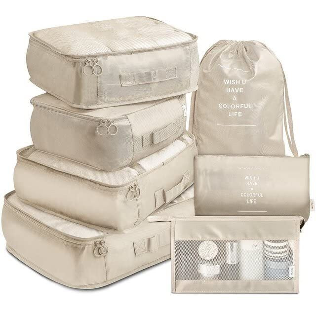 House Of Quirk 7Pcs Set Travel Organizer Packing Cubes Lightweight Travel Luggage Organizers With Laundry Bag Or Toiletry Bag (Beige, Fabric), 12 Cm, 30 Cm