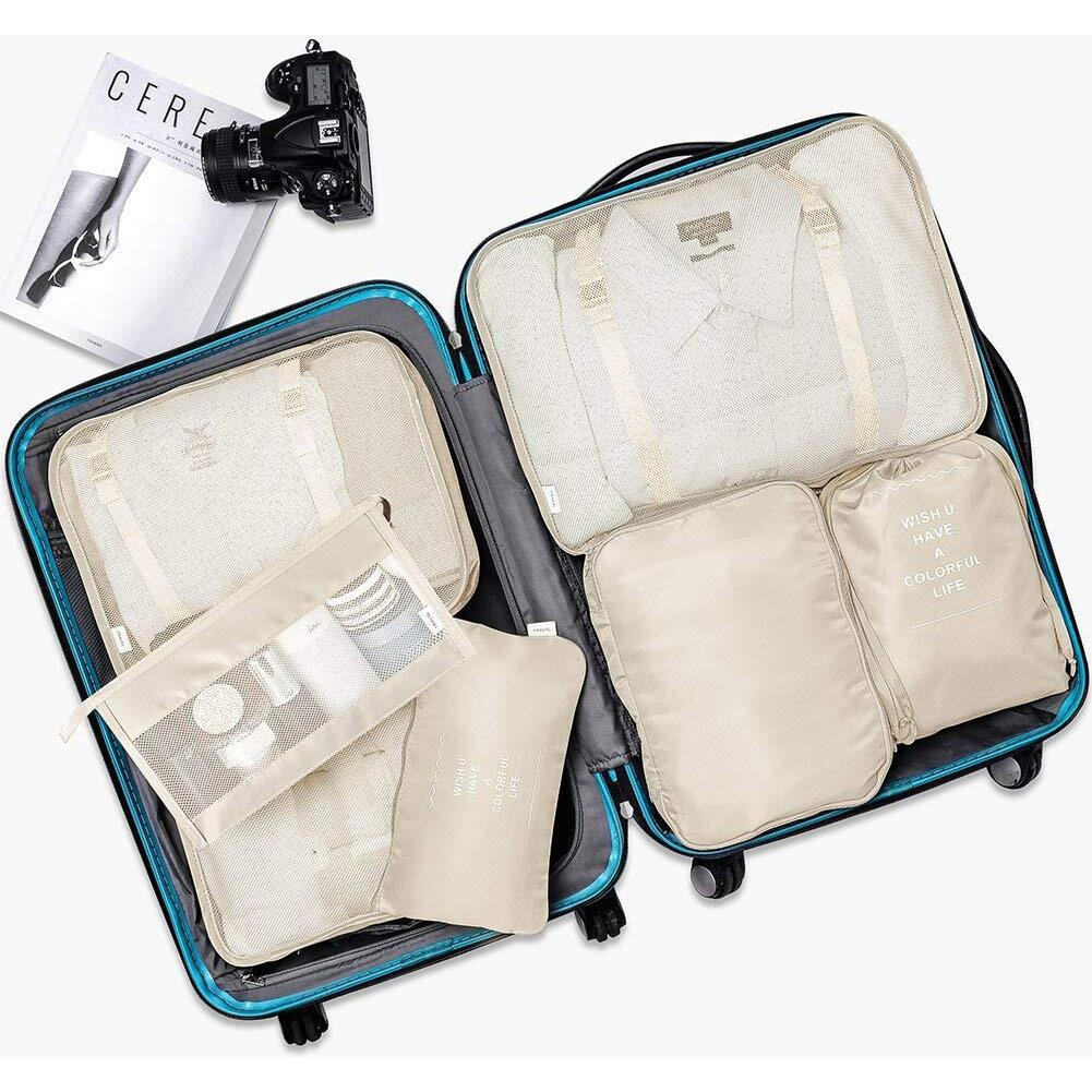 House Of Quirk 7Pcs Set Travel Organizer Packing Cubes Lightweight Travel Luggage Organizers With Laundry Bag Or Toiletry Bag (Beige, Fabric), 12 Cm, 30 Cm