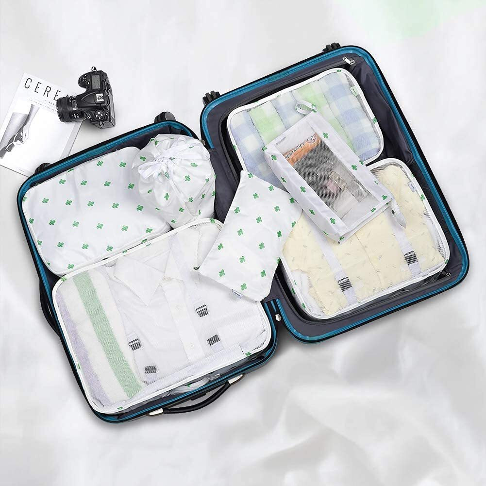 House Of Quirk 7Pcs Set Travel Organizer Packing Cubes Lightweight Travel Luggage Organizers With Laundry Bag Or Toiletry Bag (White Cactus, Fabric), 30 Cm, 12 Cm