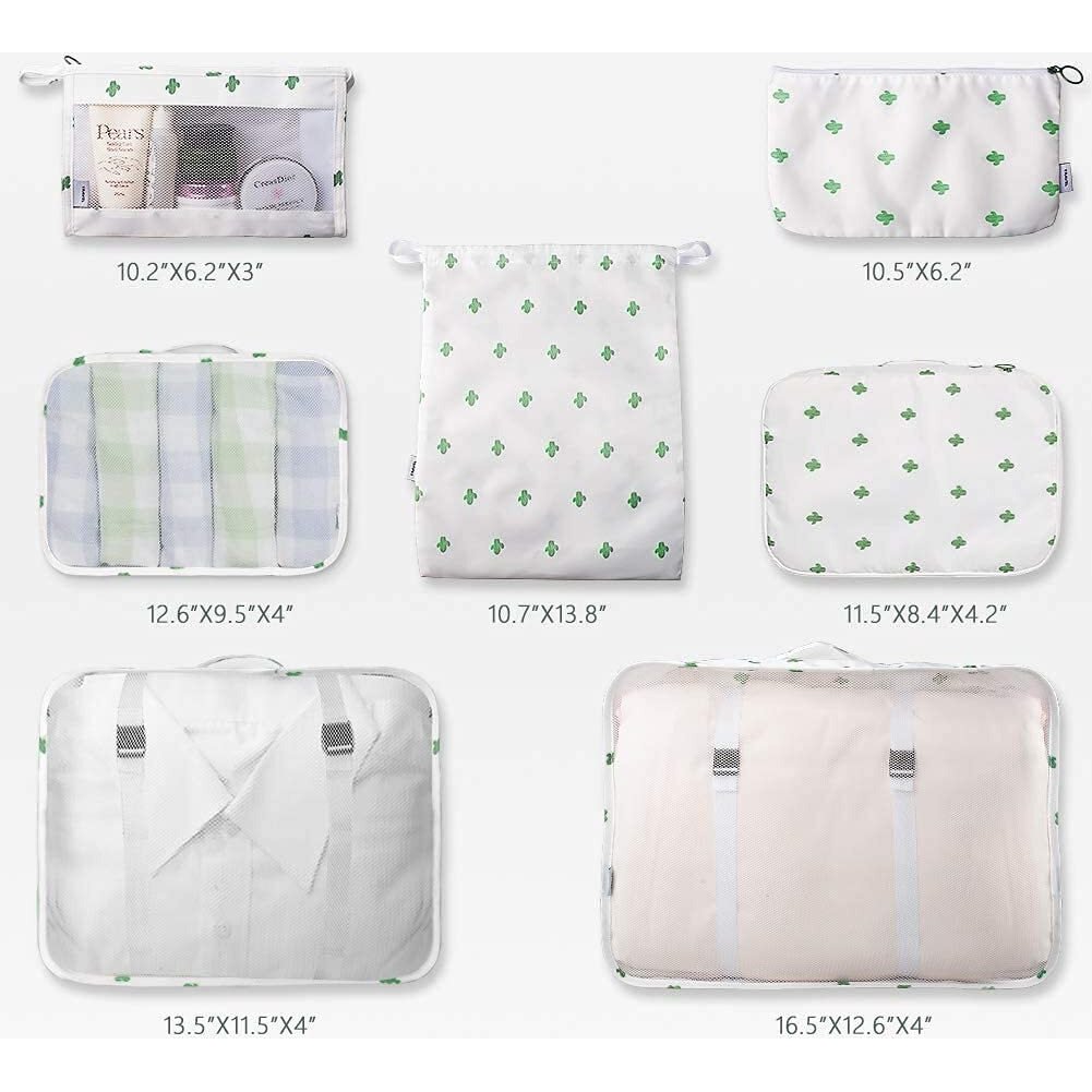House Of Quirk 7Pcs Set Travel Organizer Packing Cubes Lightweight Travel Luggage Organizers With Laundry Bag Or Toiletry Bag (White Cactus, Fabric), 30 Cm, 12 Cm