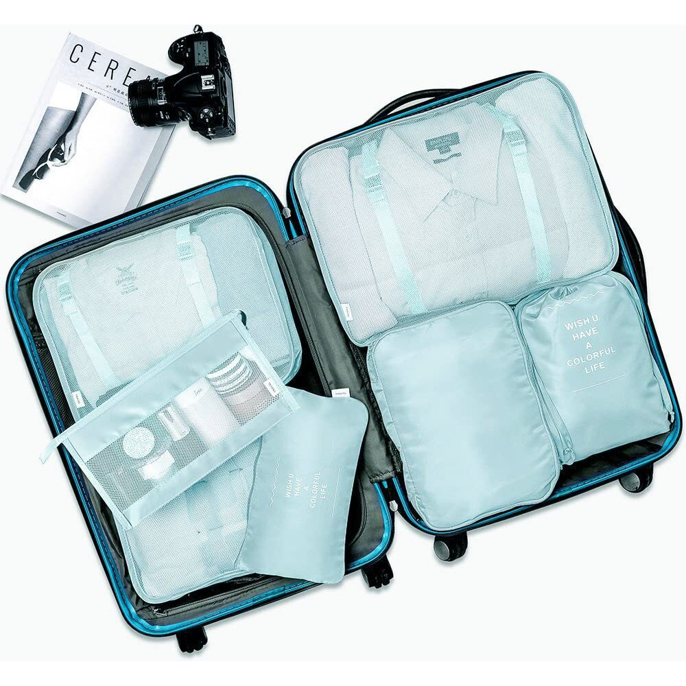 House Of Quirk 7Pcs Set Travel Organizer Packing Cubes Lightweight Travel Luggage Organizers With Laundry Bag Or Toiletry Bag (Light Blue, Fabric), 30 Centimeters, 12 Centimeters