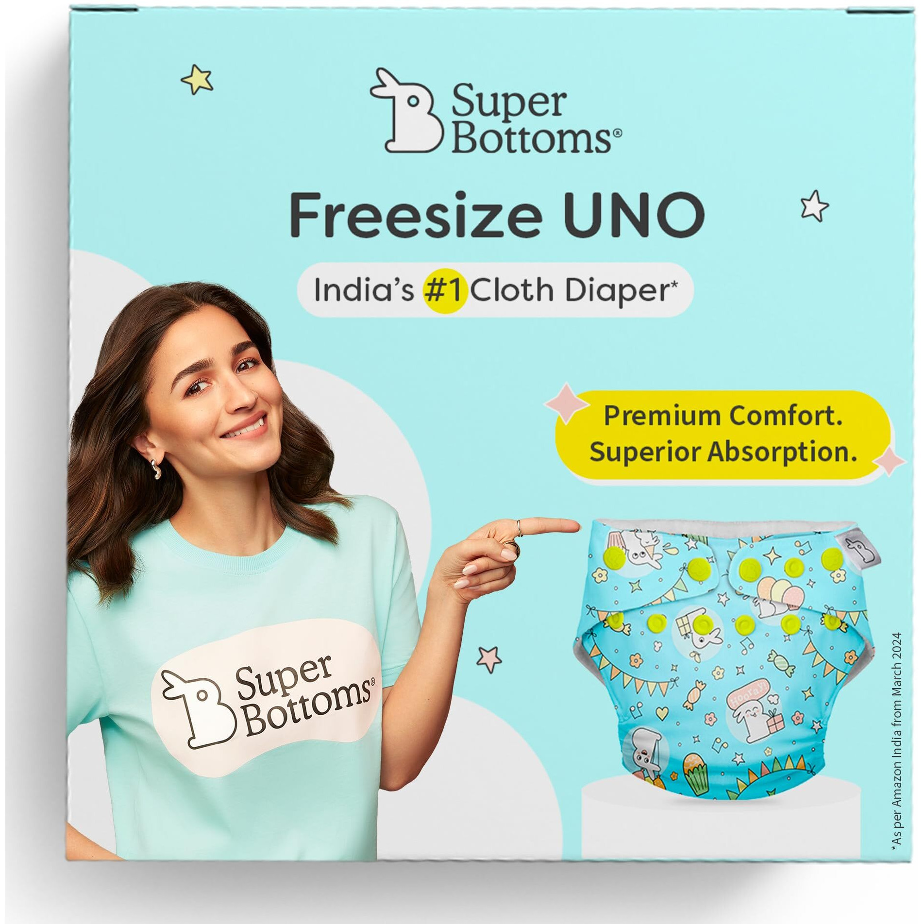 Superbottoms Uno Freesize Cloth Diaper For Babies 3M To 3Y | Washable & Reusable Cloth Diaper | Comes With Cloth Diaper Inserts | 1 Organic Cotton Soaker + 1 Booster | Hunny Bummy
