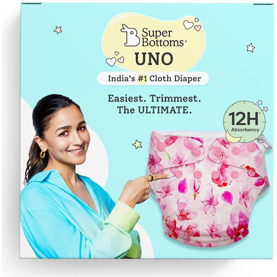 Superbottoms Uno Freesize Cloth Diaper | Cloth Diaper For Babies 3M To 3Y | Comes With Cloth Diaper Inserts | 1 Organic Cotton Soaker + 1 Booster | Cherry Blossom