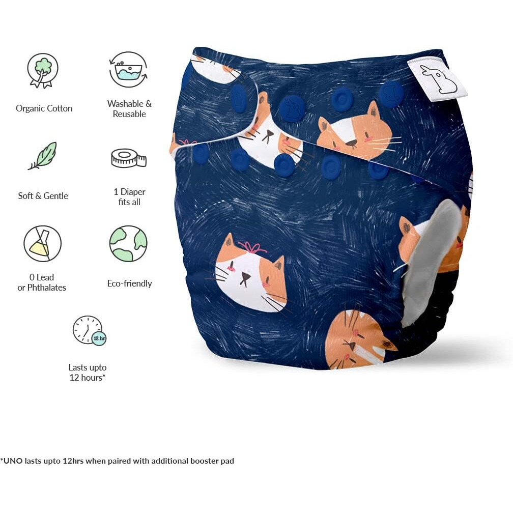 Superbottoms Uno Freesize Cloth Diaper | Cloth Diaper For Babies 3M To 3Y | Comes With Cloth Diaper Inserts | 1 Organic Cotton Soaker + 1 Booster | Good Cattitude