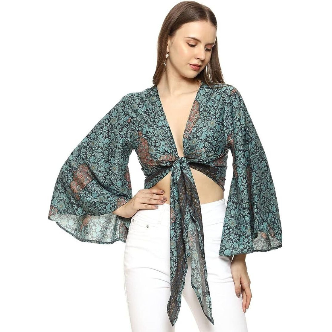 Ke Kanha ExportswomenS And Girls/Ladies Wrap Around Tops Beach Wear Tunic Top V Neck Silk Casual Sleeve Printed Top Relaxed Fit Free Size (Forest Green -2912)