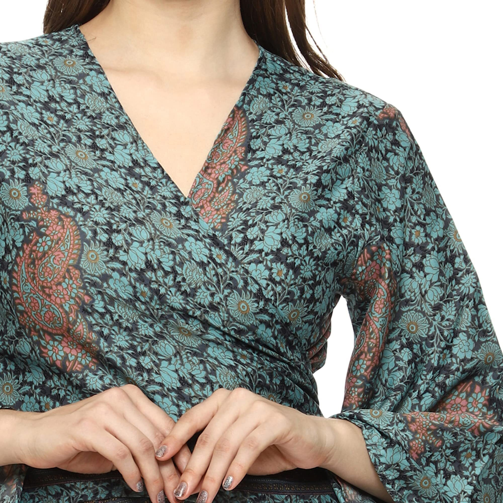 Ke Kanha ExportswomenS And Girls/Ladies Wrap Around Tops Beach Wear Tunic Top V Neck Silk Casual Sleeve Printed Top Relaxed Fit Free Size (Forest Green -2912)
