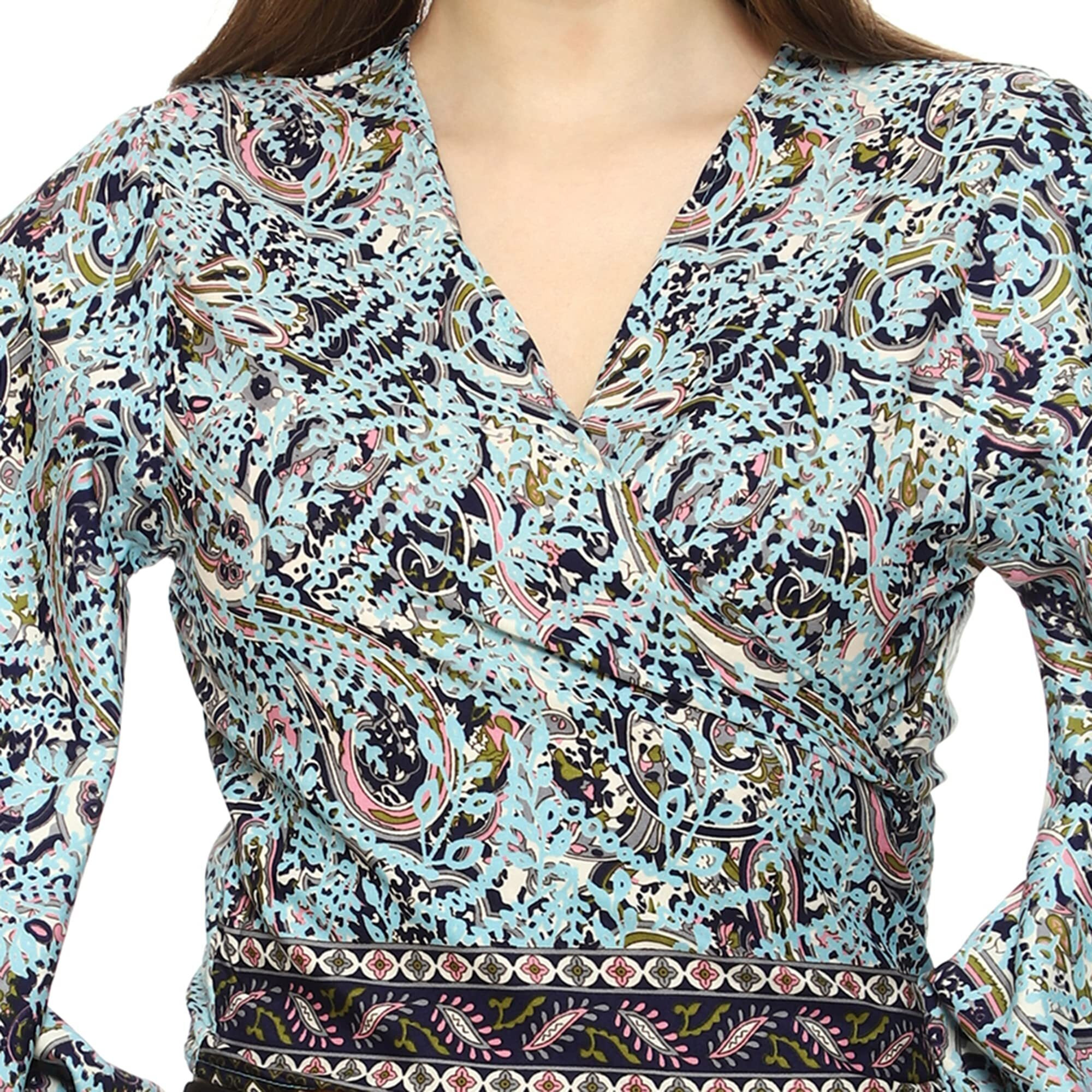 Ke Kanha ExportswomenS And Girls/Ladies Wrap Around Tops Beach Wear Tunic Top V Neck Silk Casual Sleeve Printed Top Relaxed Fit Free Size (Blue Sea-2912)