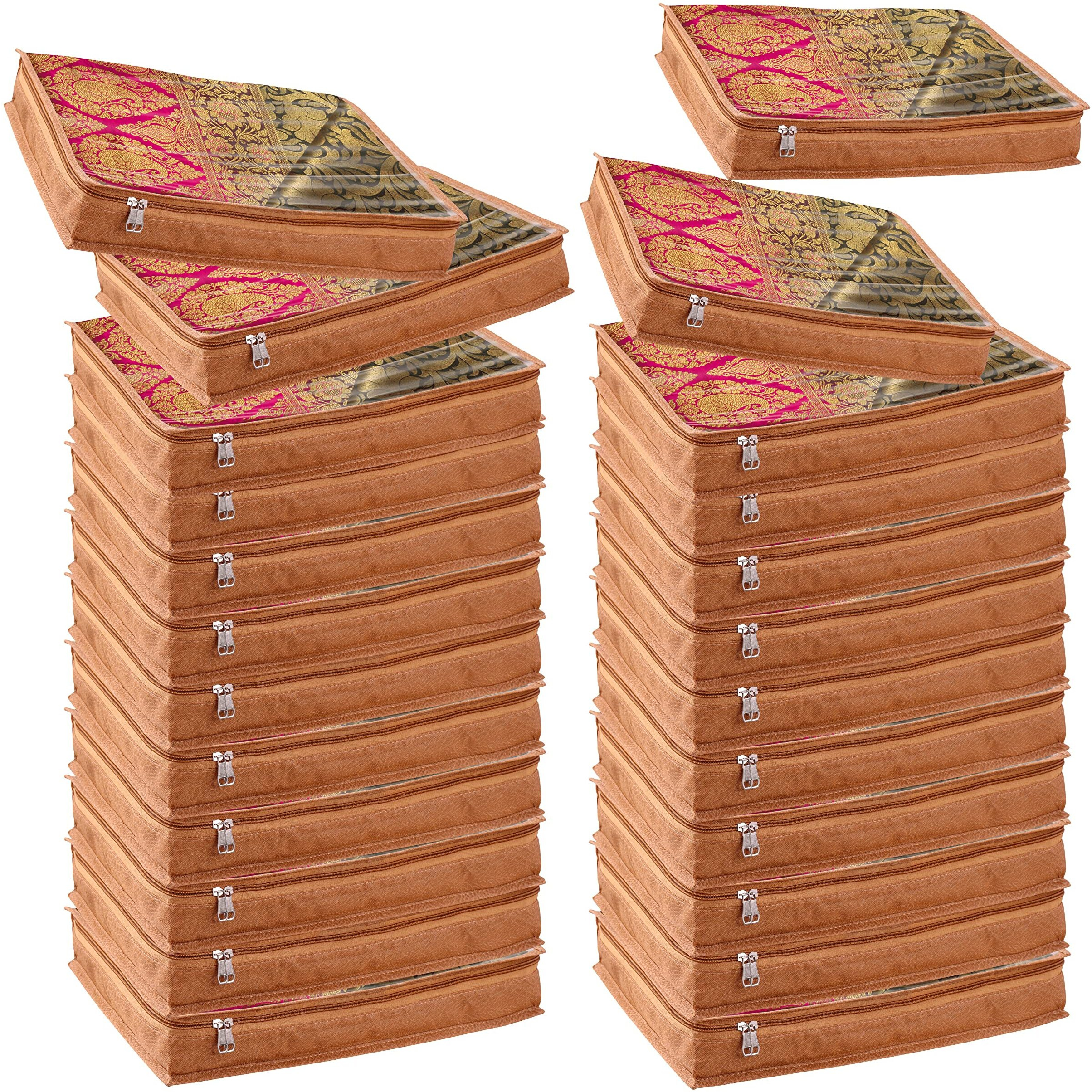 Jd Fresh 24 Pcs Non-Woven Saree Covers/Cloth Storage Bags With Zip Cover/Space Saving Bag With Transparent Window/Wardrobe-Cupboard Organizer/Holds 3 To 5 Sarees Each(16.5 X 13 X 3 Inch/Orange)