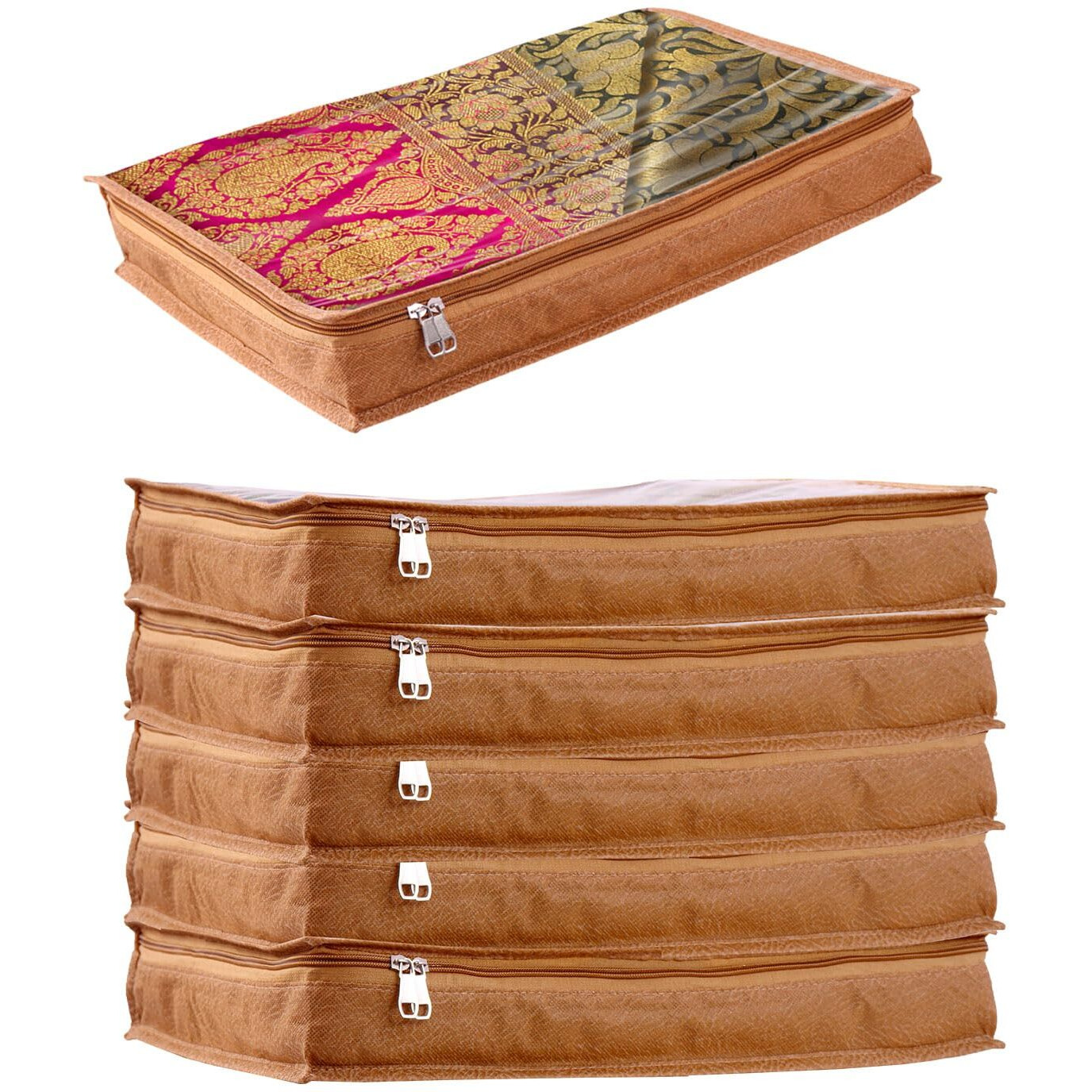 Jd Fresh 6 Pcs Non-Woven Saree Covers/Clothes Storage Bags With Zip Cover/Space Saving Bag With Transparent Window/Wardrobe-Cupboard Organizer/Holds 3 To 5 Sarees Each(16.5 X 13 X 3 Inch/Orange)