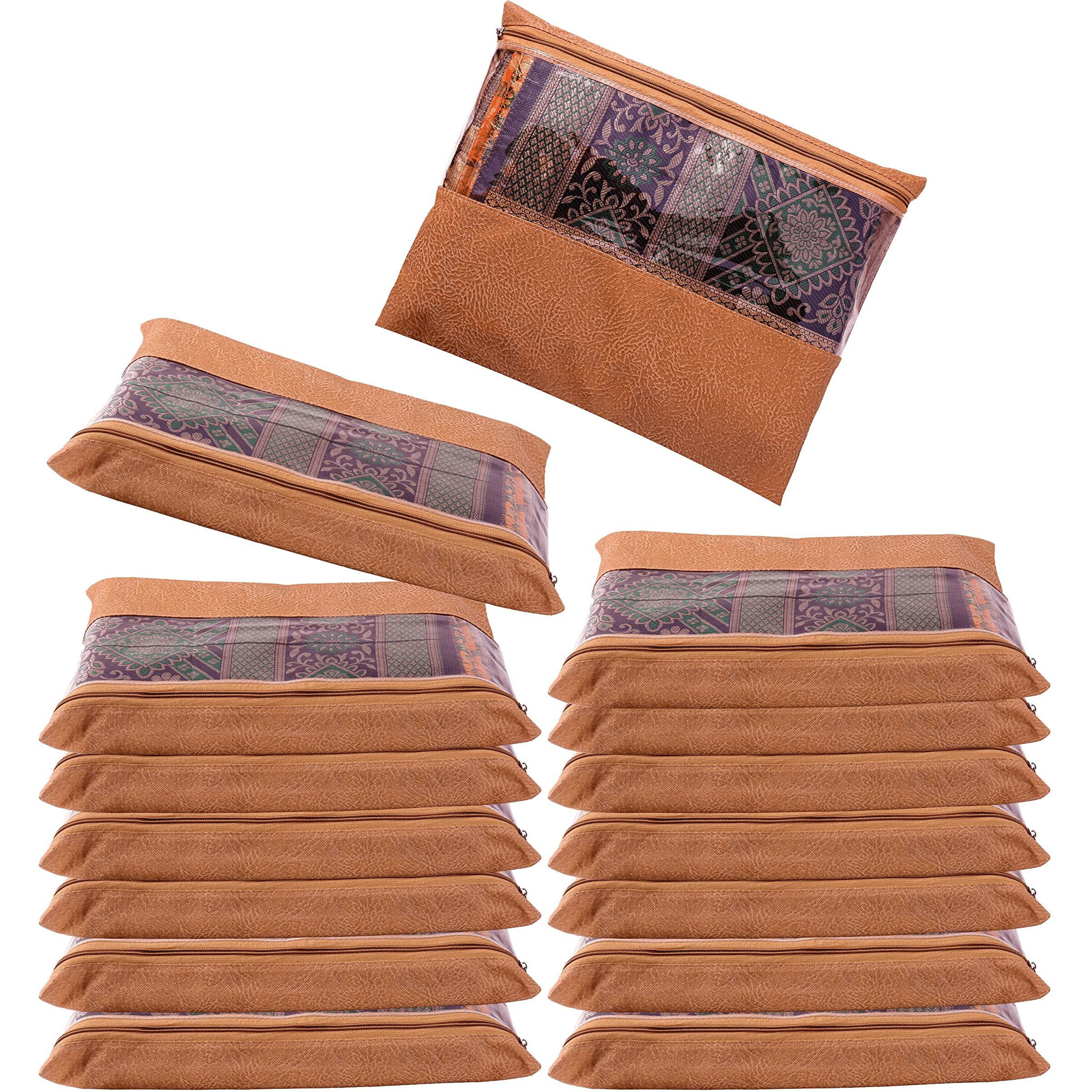 Jd Fresh 12 Pcs Non-Woven Saree Covers/Storage Bags With Zip Cover/Space Saving Transparent Bag/Wardrobe-Cupboard Organizer/Holds 2 To 3 Sarees Each(14 X 17 Inch/Orange)