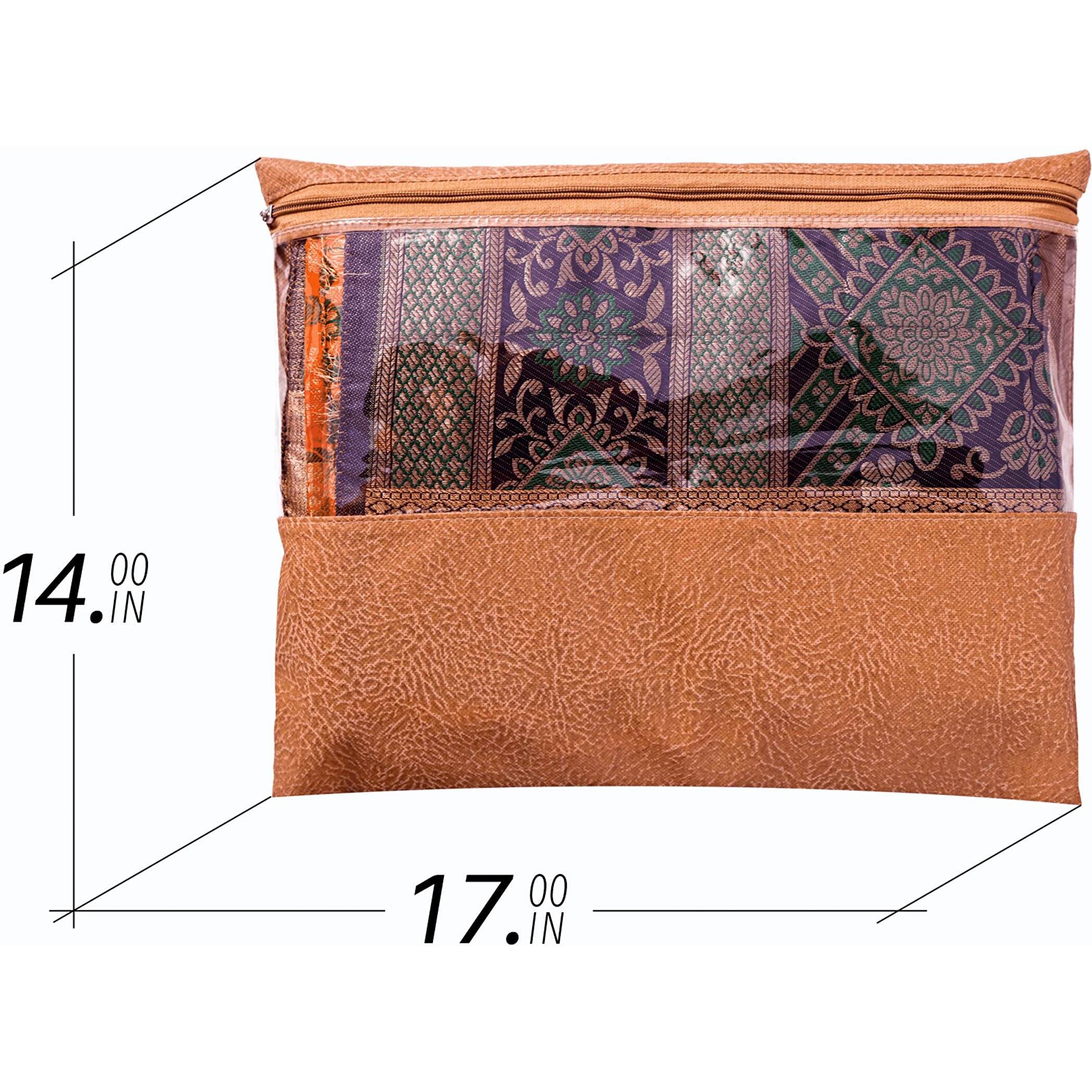 Jd Fresh 12 Pcs Non-Woven Saree Covers/Storage Bags With Zip Cover/Space Saving Transparent Bag/Wardrobe-Cupboard Organizer/Holds 2 To 3 Sarees Each(14 X 17 Inch/Orange)