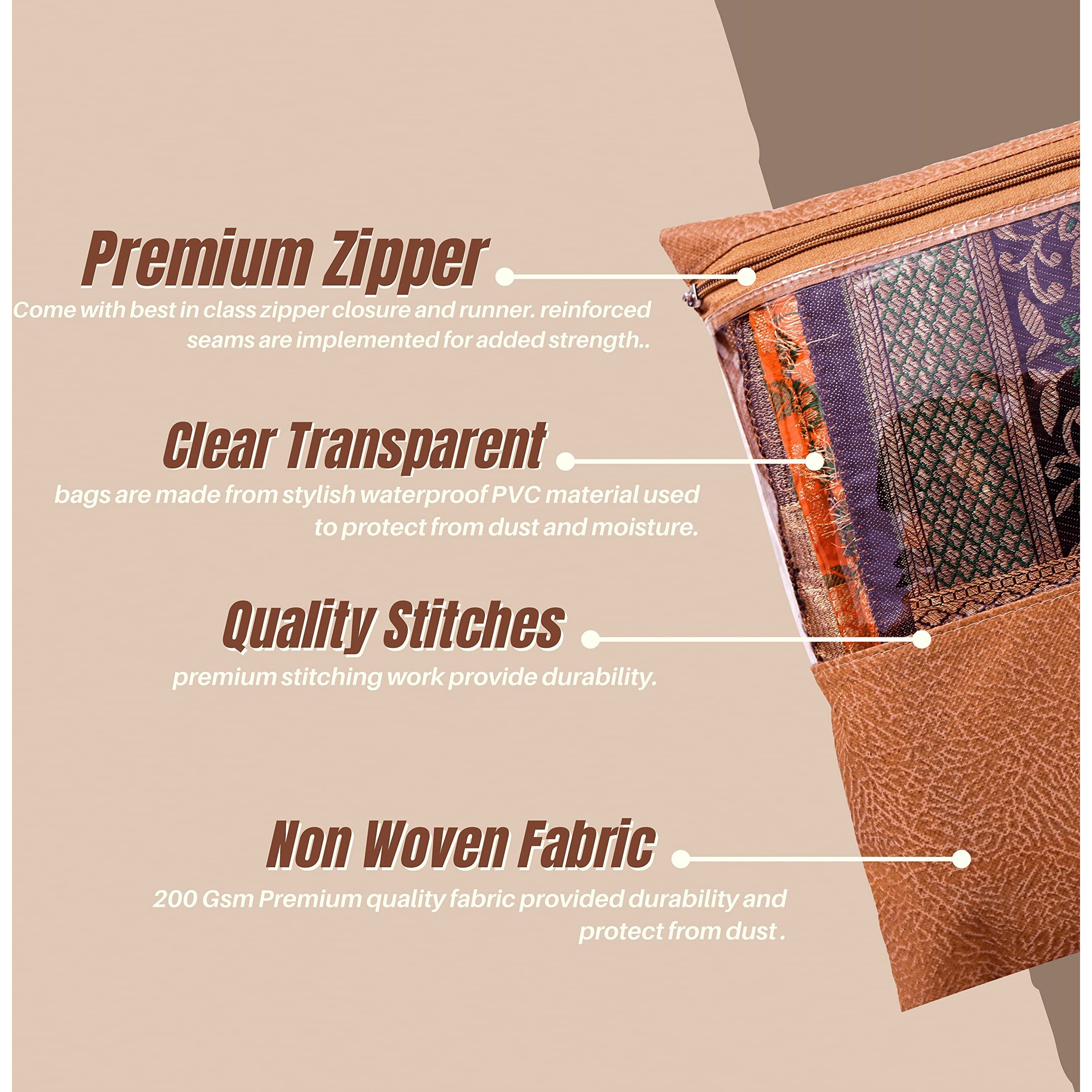 Jd Fresh 12 Pcs Non-Woven Saree Covers/Storage Bags With Zip Cover/Space Saving Transparent Bag/Wardrobe-Cupboard Organizer/Holds 2 To 3 Sarees Each(14 X 17 Inch/Orange)