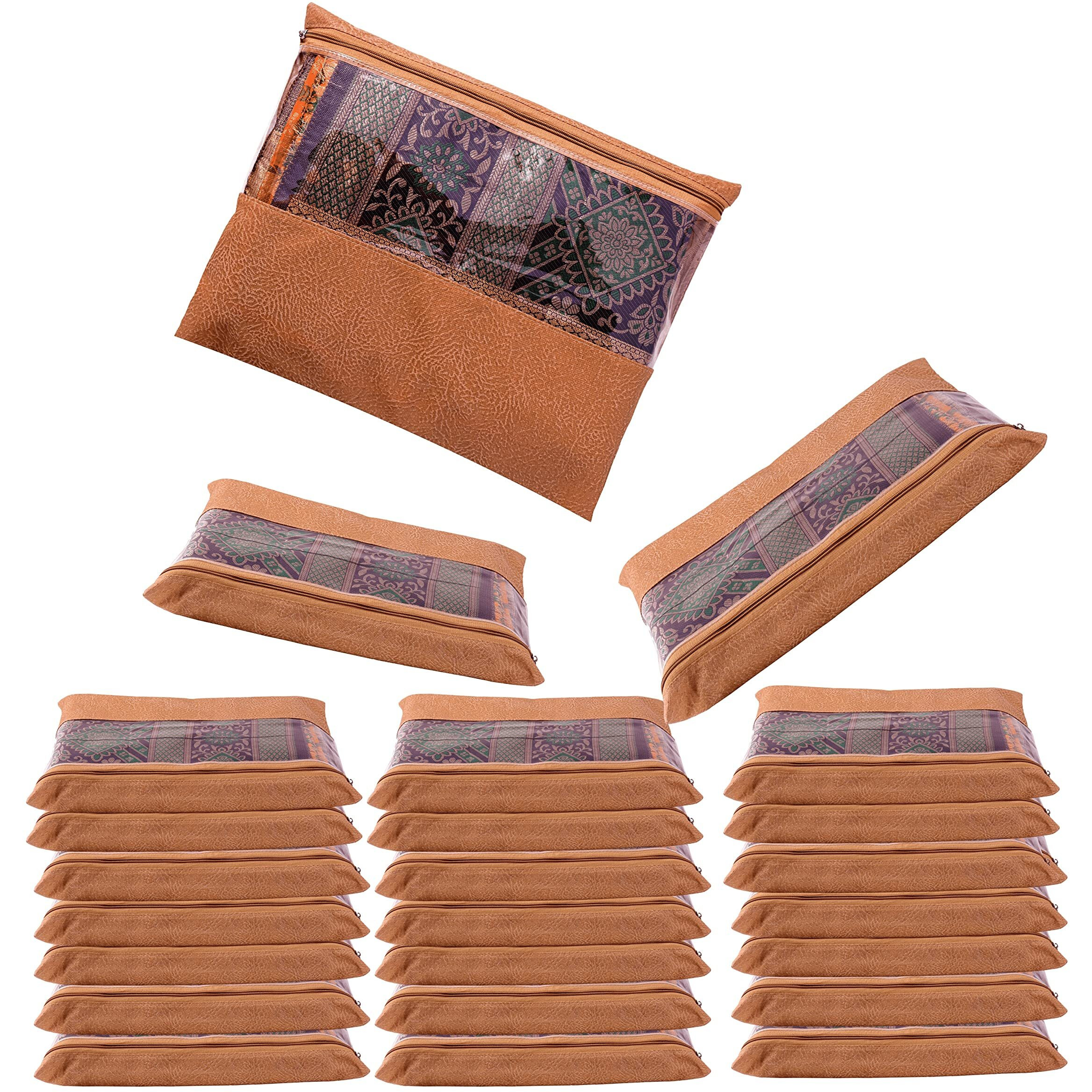 Jd Fresh 20 Pcs Non-Woven Saree Covers/Storage Bags With Zip Cover/Space Saving Transparent Bag/Wardrobe-Cupboard Organizer/Holds 2 To 3 Sarees Each(14 X 17 Inch/Orange)