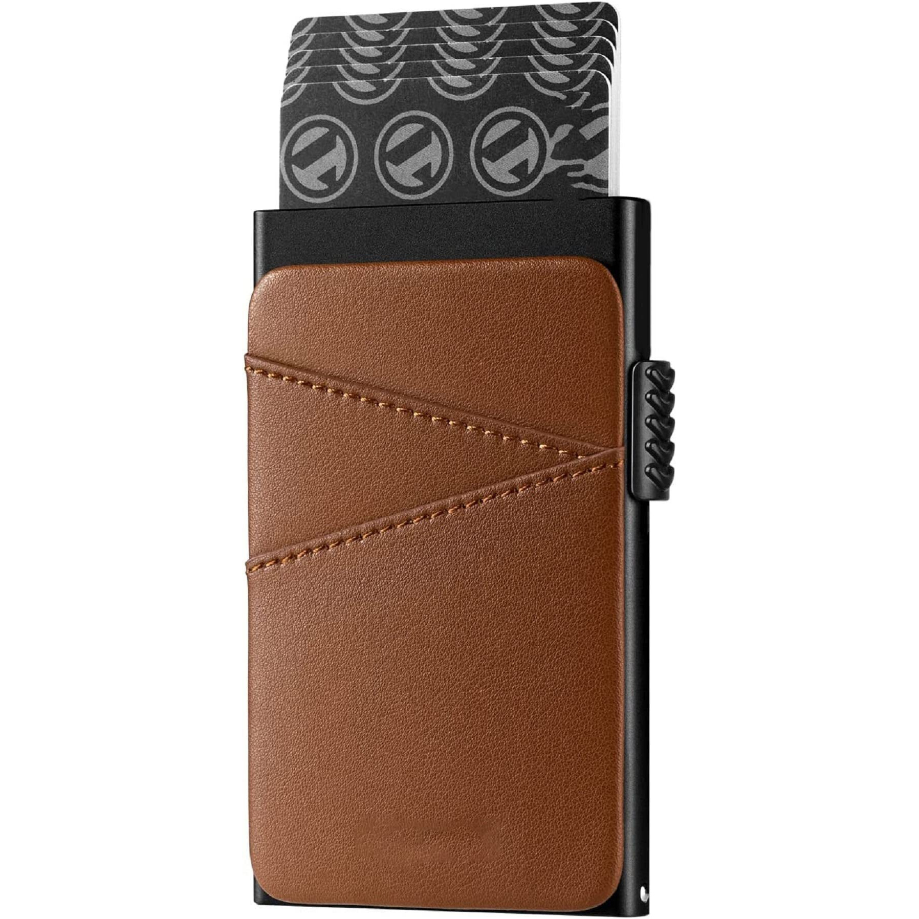 Vogard Unisex Pop Up Wallet Credit Card Holder With Extra Leather Slots Rfid Blocking Slim Metal Card Case | 8 Card Slots (Tan)