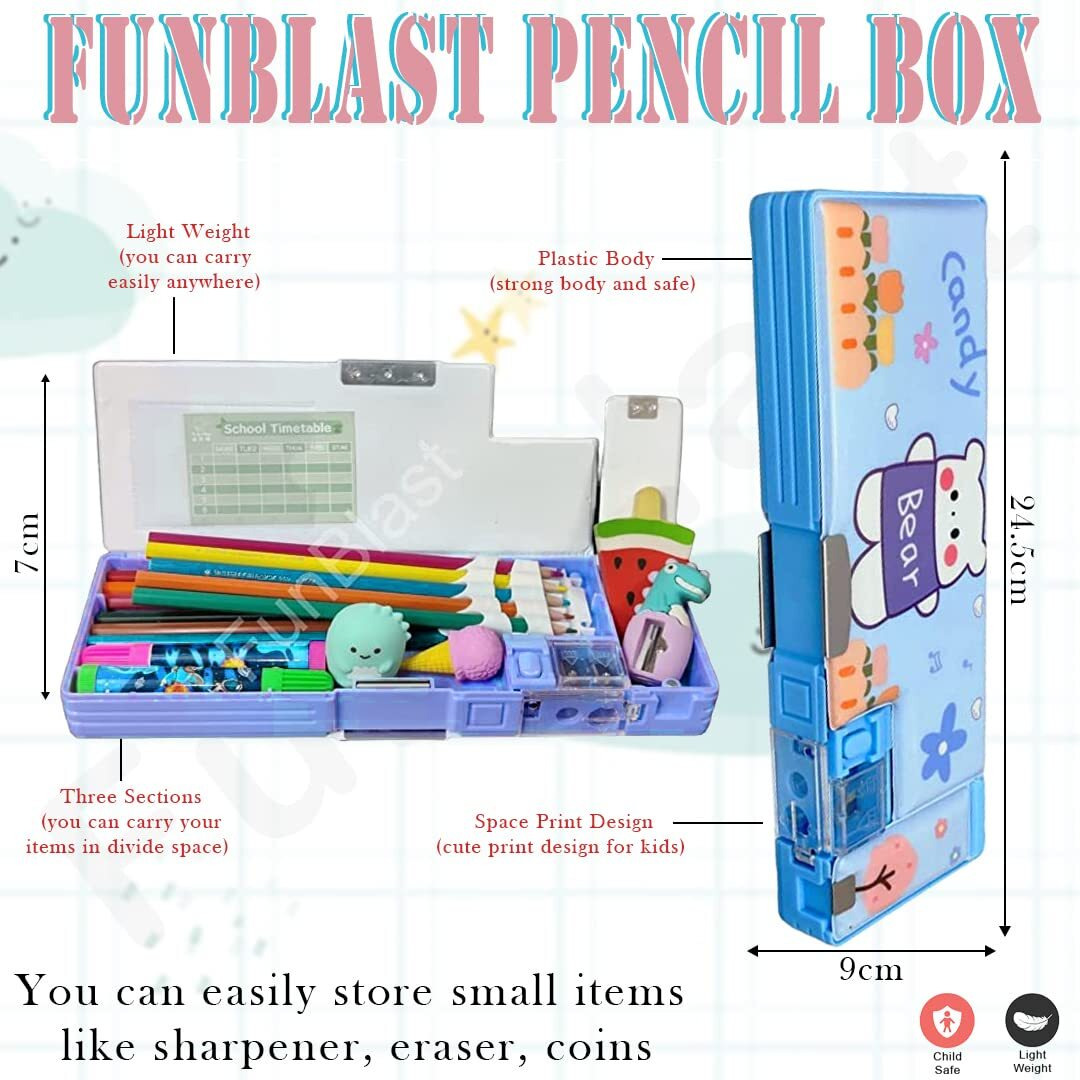 Funblast Multifunctional Plastic Pencil Box For Kids,Magnetic Pencil Box, Pop Up Pencil Box, Pencil Case For Kids - Cute Bear Pencil Box Multicolour
