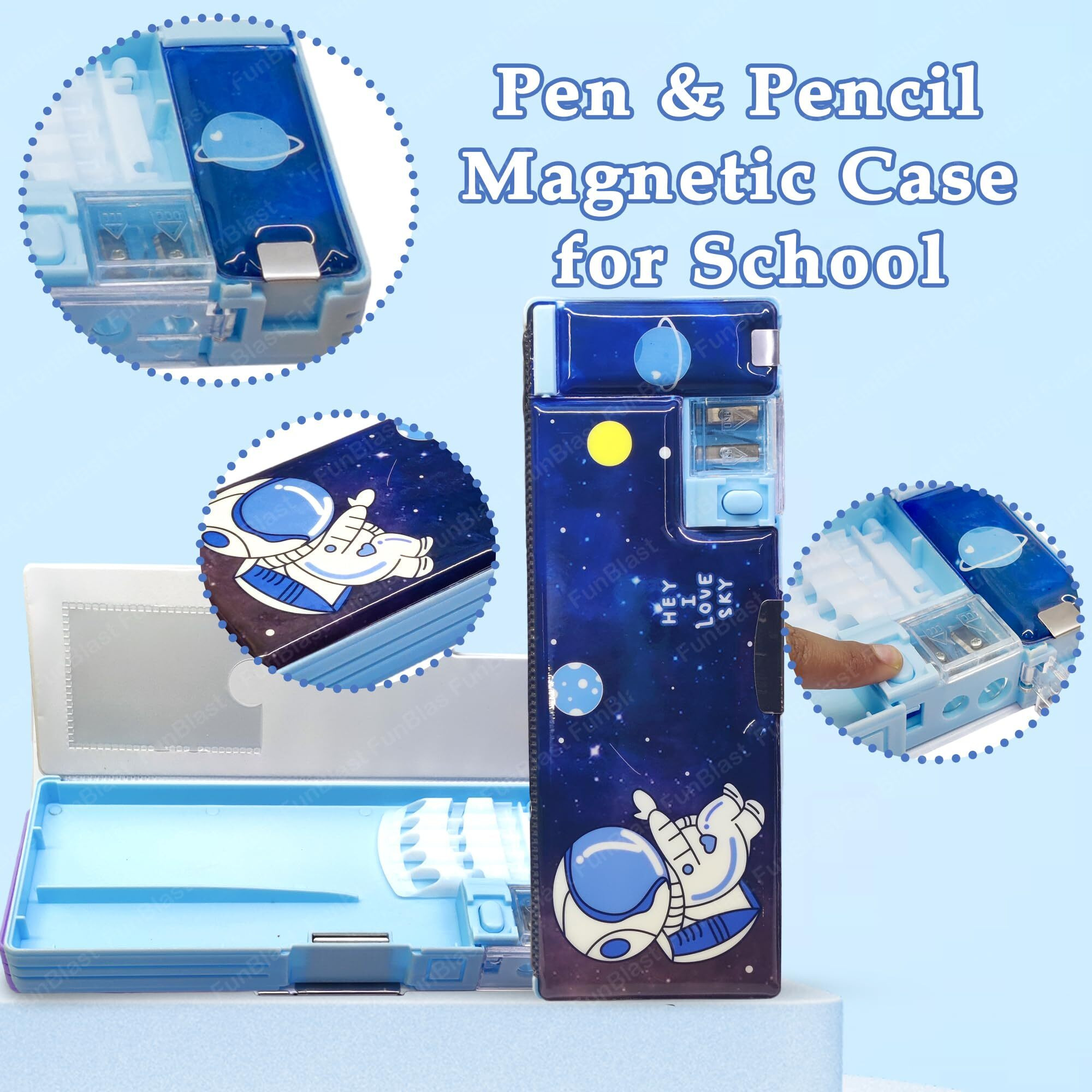 Funblast Multifunctional Pencil Box Kids, Space Pencil Box Boys, Kids Pencil Box Boys & Girls, Magnetic Pencil Box Boys, Pop Up Pencil Box, Space Theme Return Gifts Kids - Plastic, Multicolor
