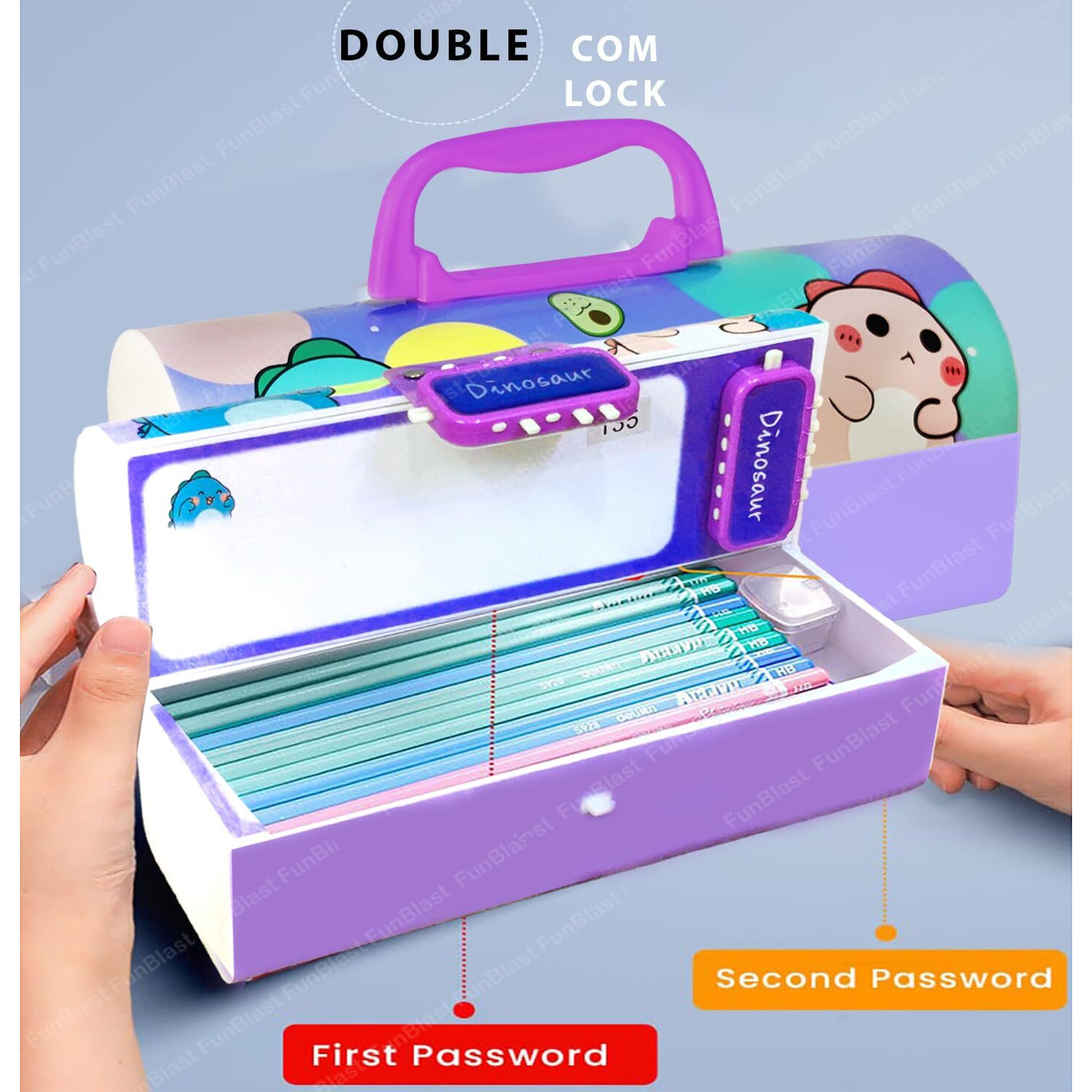 Funblast Dinosaur Pencil Box Suitcase Style Password Lock Pencil Case, Multi-Layer Pencil Box Kids, Boys, Girls, Stationary Organizer Box Kids, Birthday Return Gift Kids (Multicolor, Plastic)