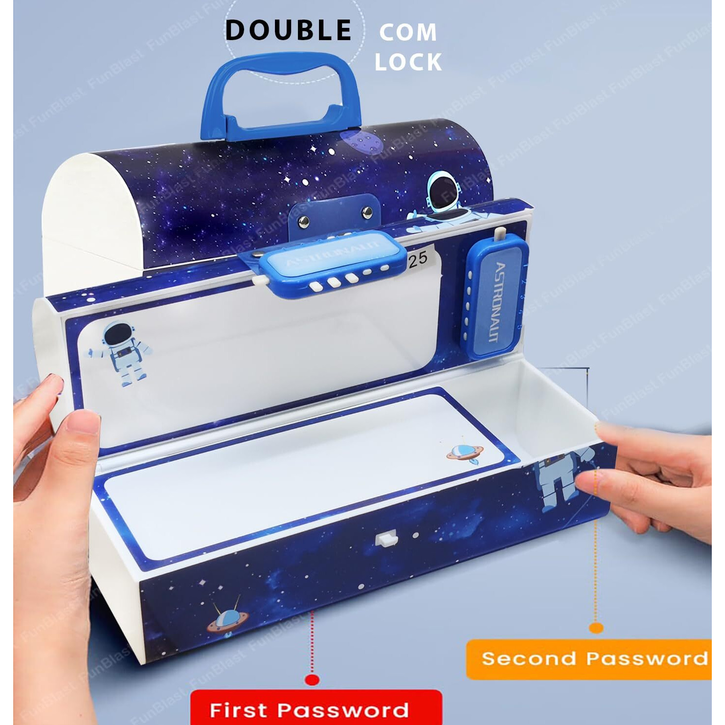 Funblast Kids Pen & Pencil Box Suitcase Style Password Lock Multi-Layer Pencil Box For Boys, Girls, Stationary Organizer Case Return Gift For Kids (Astronaut, Plastic, Multicolor)