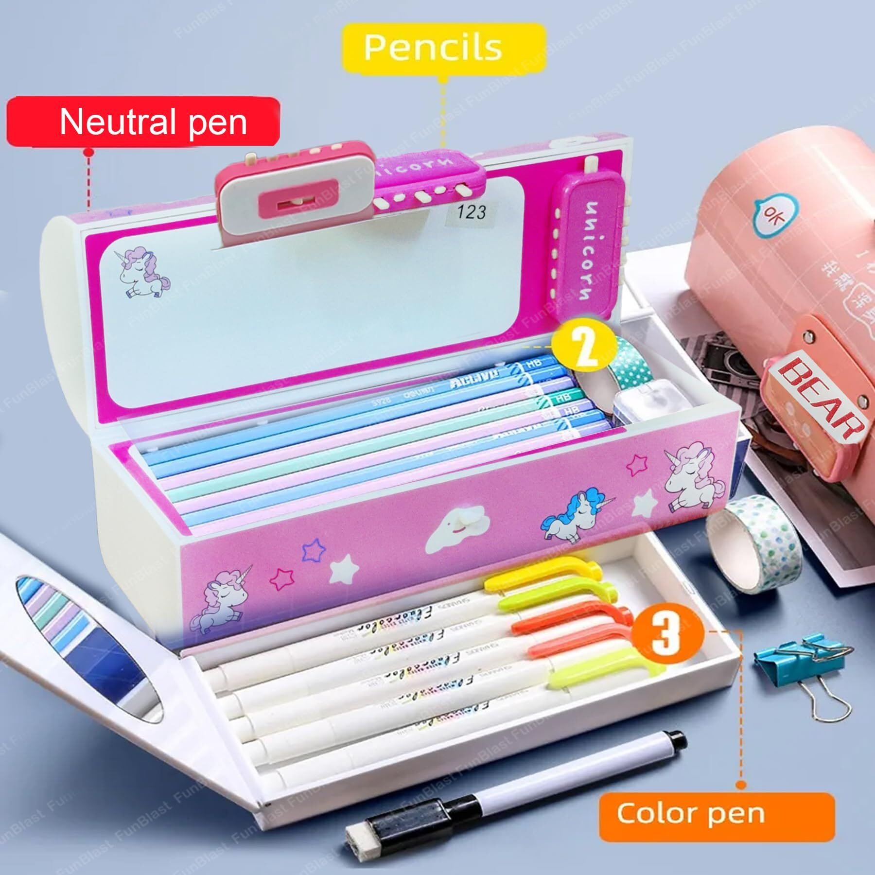 Funblast Kids Pen Box Multi-Layer Suitcase Style Password Lock Pencil Case For Kids, Boys, Girls, Stationary Organizer Case For Kids, Return Gift For Kids (Cute-Pink, Plastic)