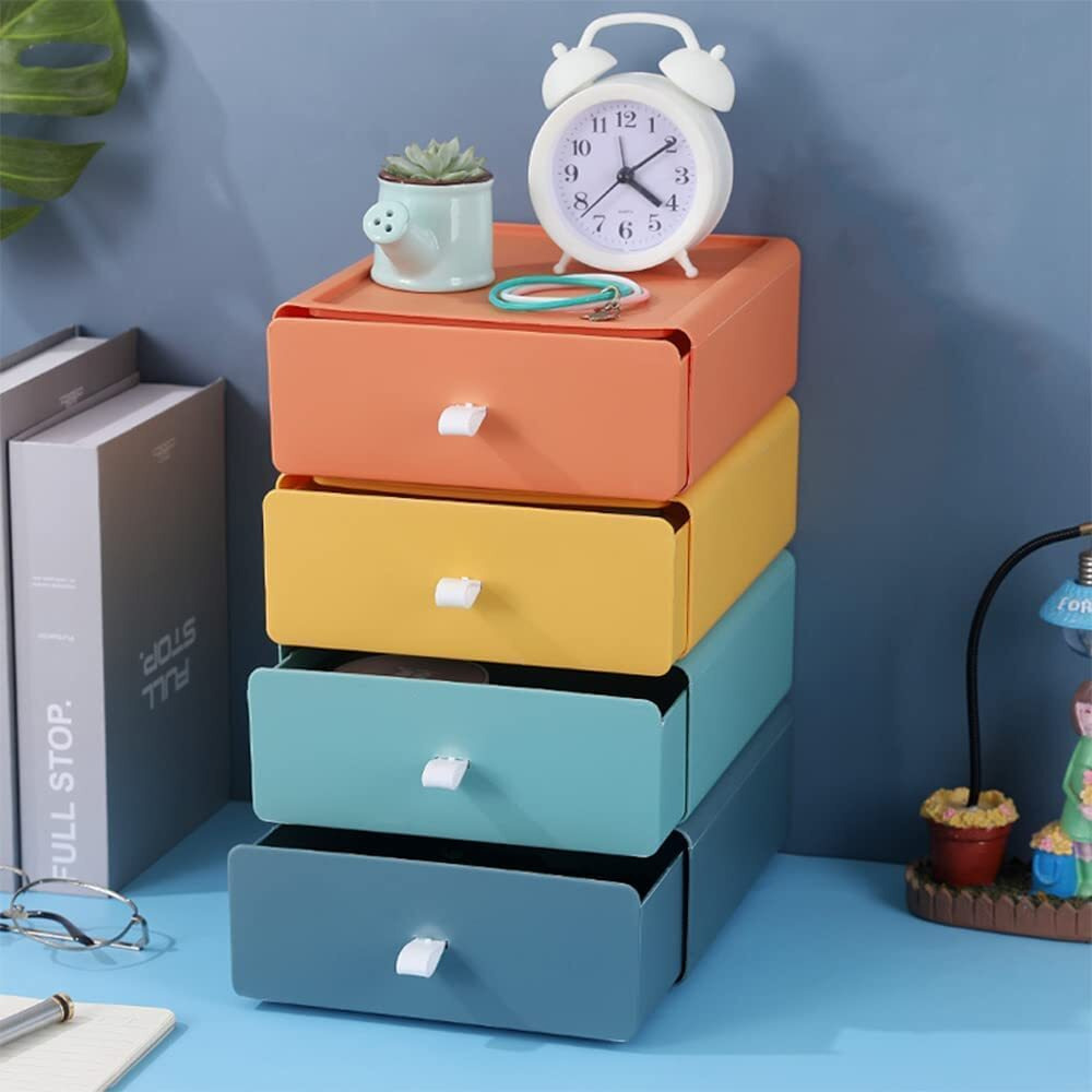 Divinext Set Of 4 Stack Desk Storage Drawer | Office Desk Supplies Organizer | Multi-Color| Plastic