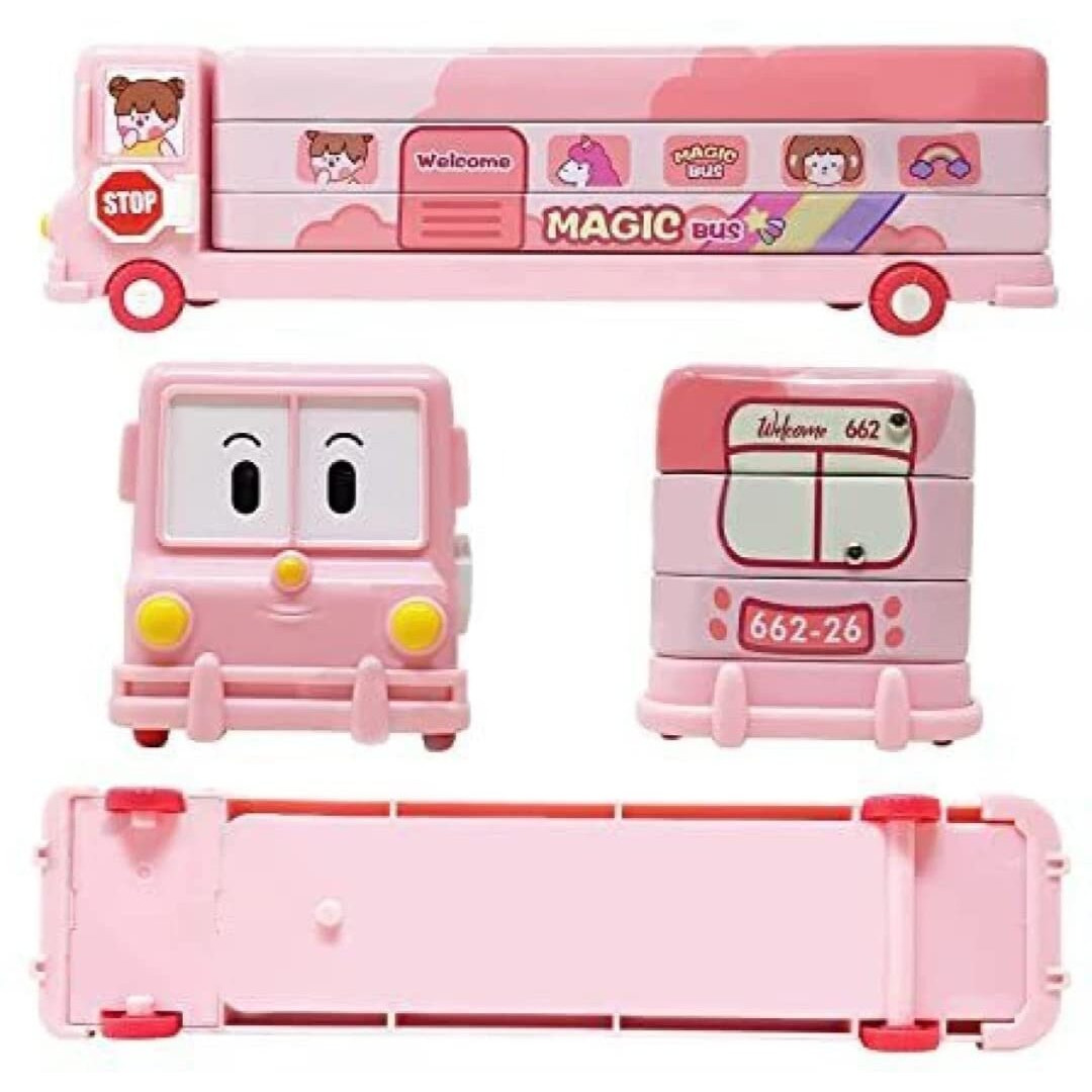 Famous Quality 2 In 1 - Cartoon Printed School Bus Metal Pencil Box With Moving Tyres And Sharpener For Kids | Geometry Box (Color-Pink)
