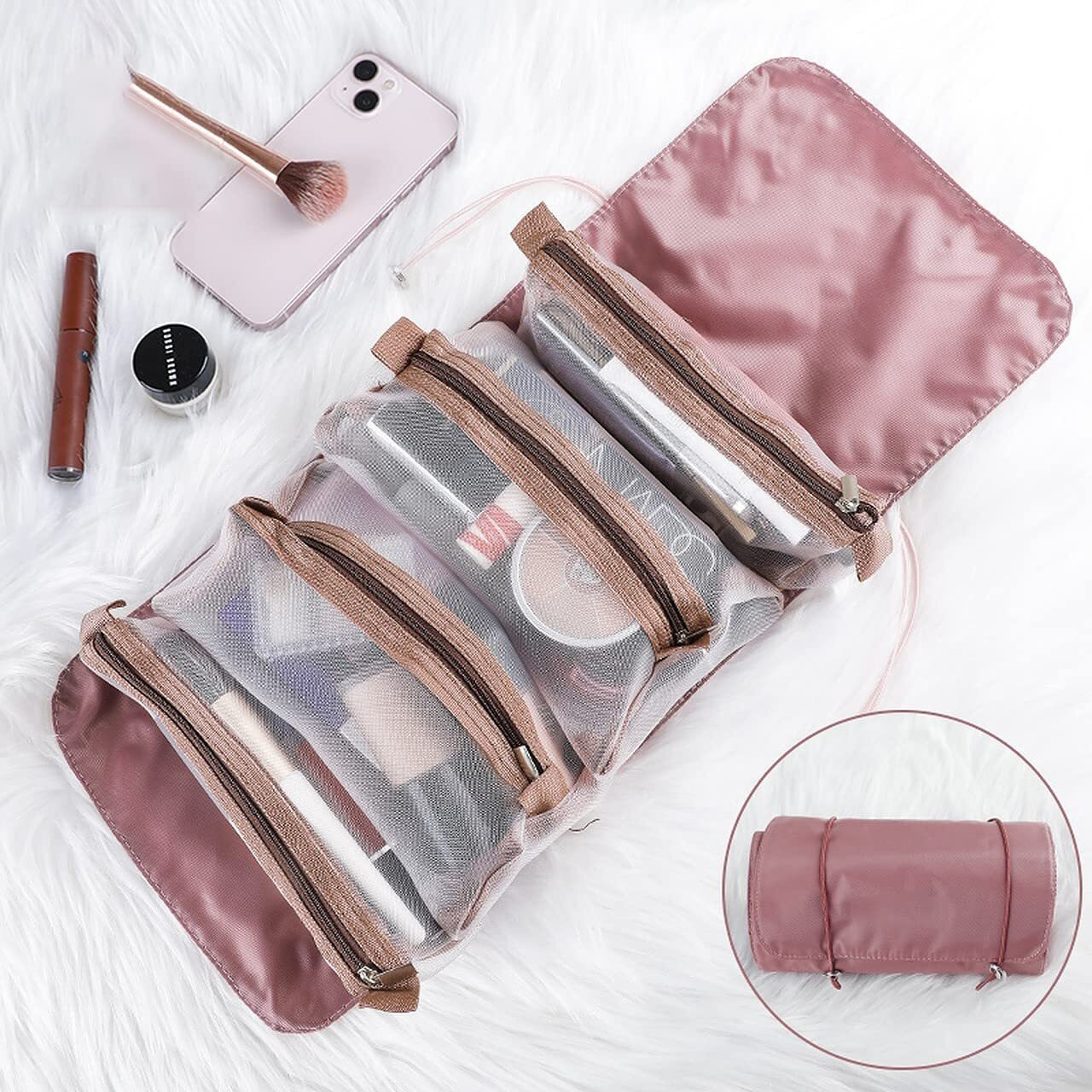Wolpin Toiletry Bag For Travel Detachable Toiletry Kit Cosmetic Nylon Makeup Pouch Organizer Foldable Multifunction Portable Brush/Shaving Kit/Medicine Holder Bag & Waterproof (Pink) 24 Cms