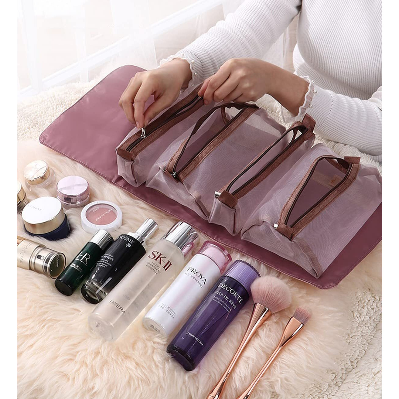 Wolpin Toiletry Bag For Travel Detachable Toiletry Kit Cosmetic Nylon Makeup Pouch Organizer Foldable Multifunction Portable Brush/Shaving Kit/Medicine Holder Bag & Waterproof (Pink) 24 Cms
