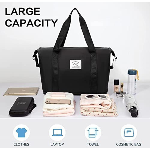 Lnt Womens Large Capacity Folding Travel Bag Travel Lightweight Waterproof Carry On Luggage Bags With Fixed Strap Dry And Wet Separation Foldable Travel Duffel Bag For Foldable Bag Peach (Black)