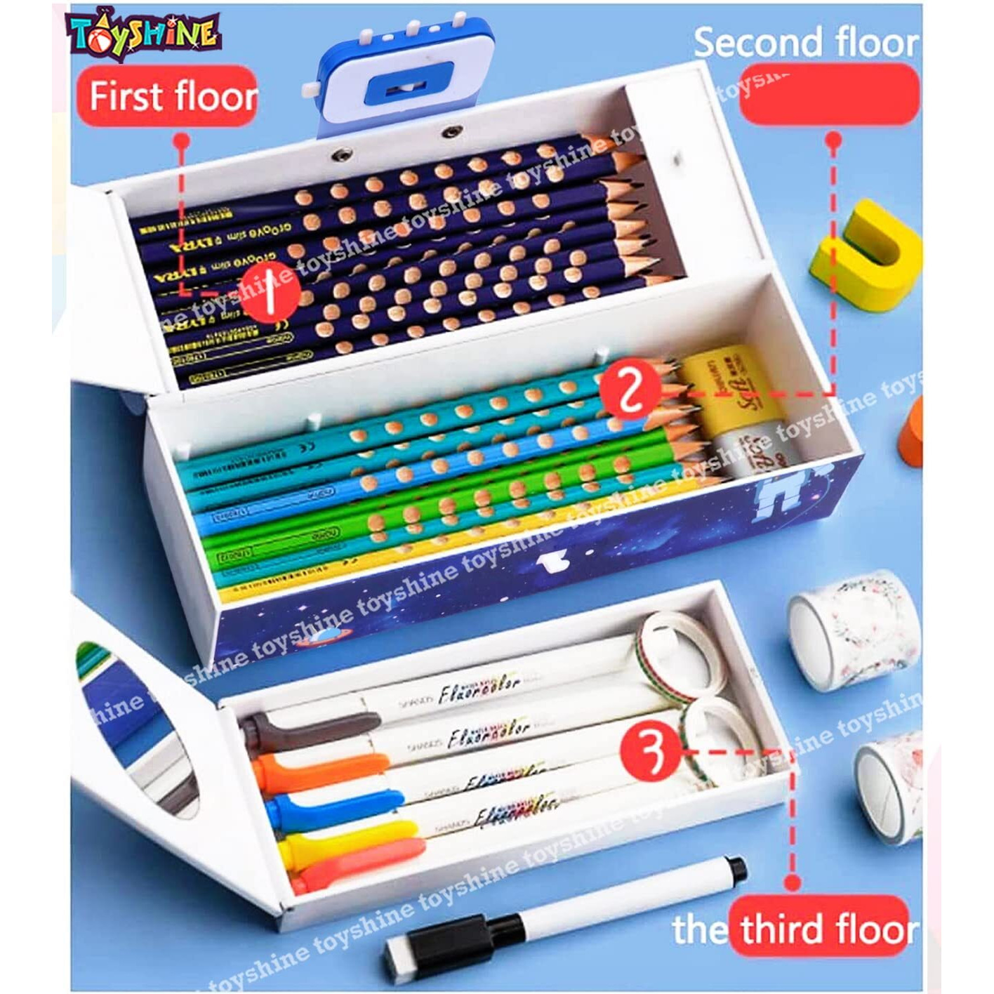 Toyshine Pencil Box With Code Lock Pen Case Large Capacity Multi-Layer Multi-Function Storage Bag Secret Compartment Pencil Box - Space Blue - Plastic