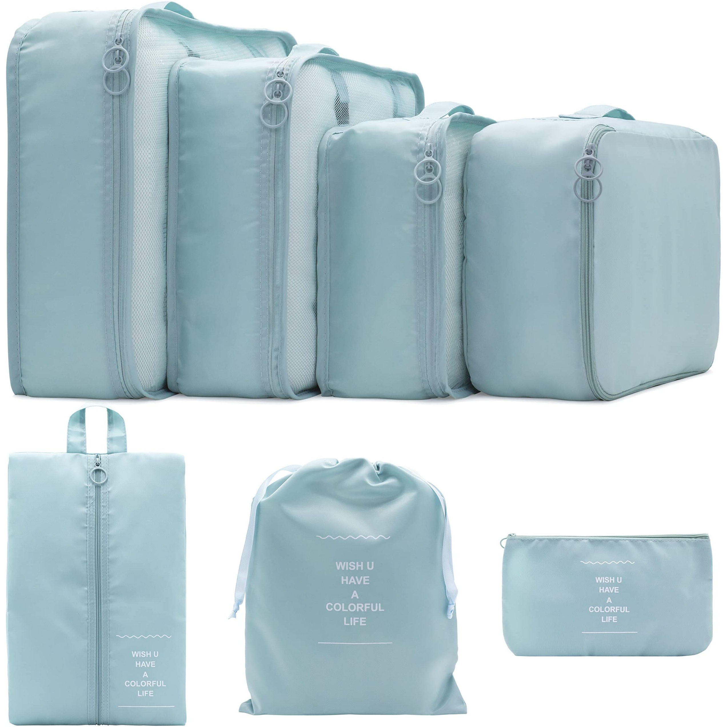 Pazimiik 7 Set Packing Cubes Clothes Storage Bag Luggage Packing Organizers For Travel Accessories, Sky Blue, Nylon, 37 Centimeters