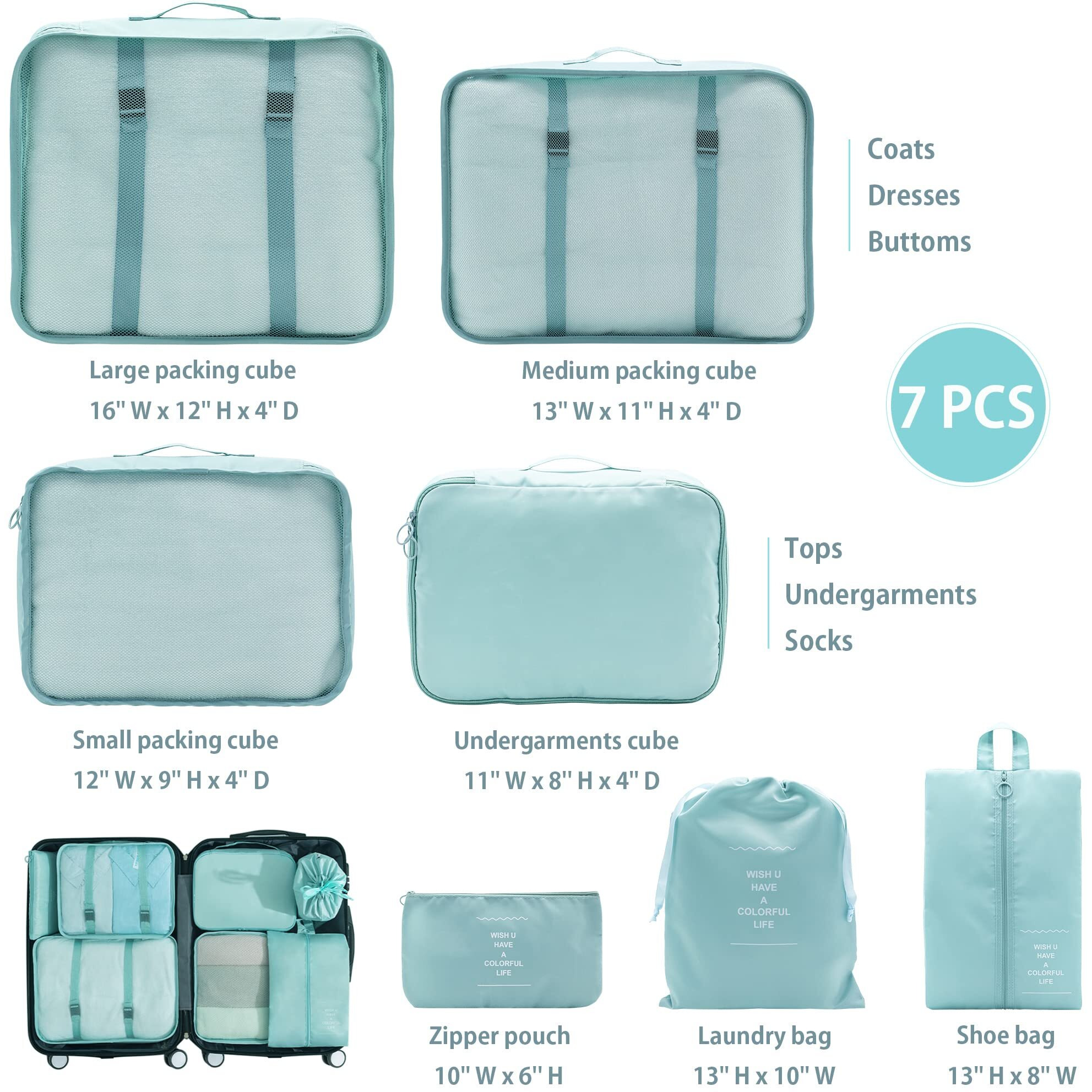 Pazimiik 7 Set Packing Cubes Clothes Storage Bag Luggage Packing Organizers For Travel Accessories, Sky Blue, Nylon, 37 Centimeters