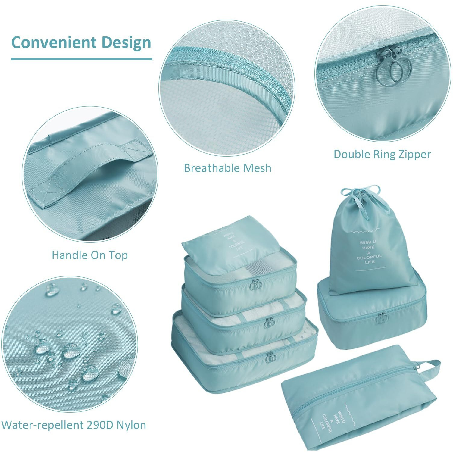 Pazimiik 7 Set Packing Cubes Clothes Storage Bag Luggage Packing Organizers For Travel Accessories, Sky Blue, Nylon, 37 Centimeters