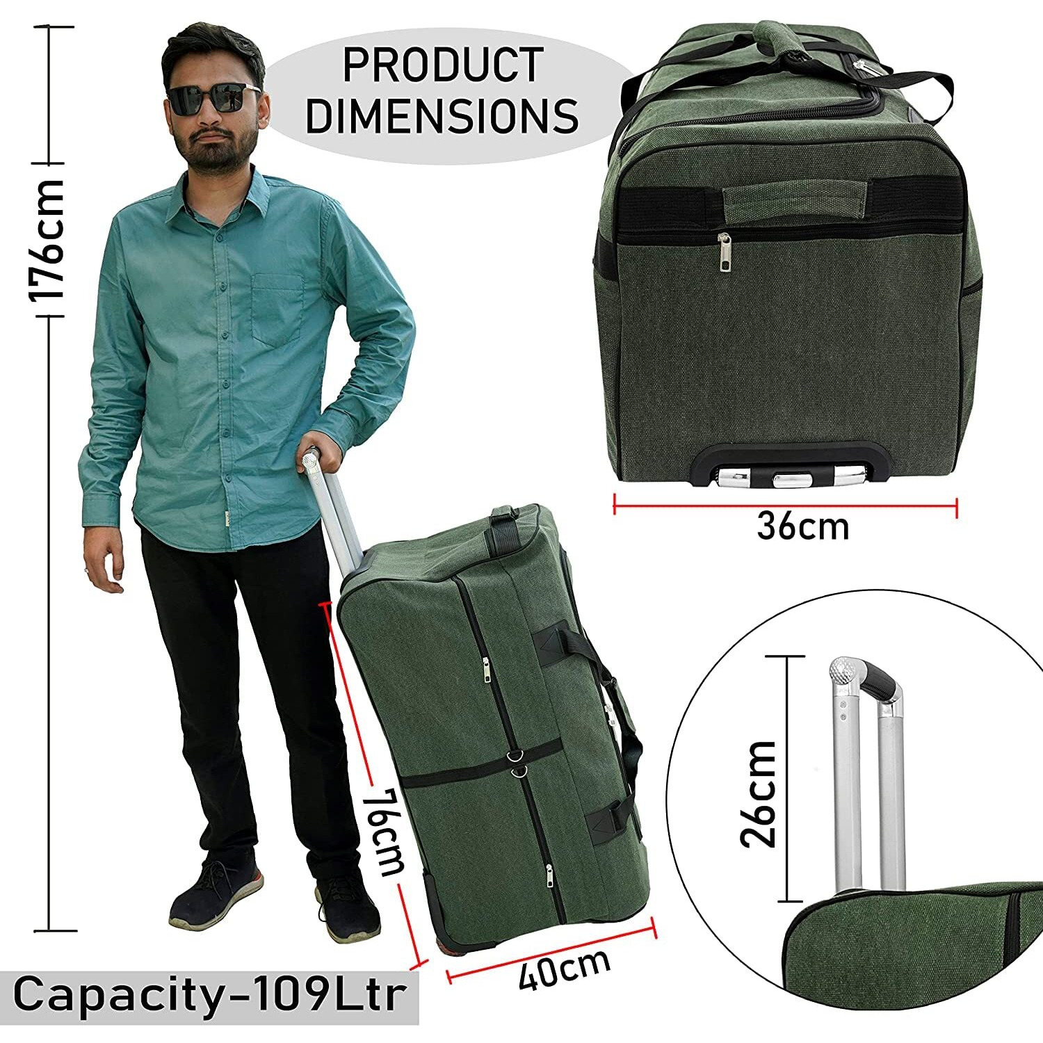 Nisun Canvas 76 Cm Extra Large Strong Travel Duffle Bag, Trolley Bag Luggage Trolley Duffel Storage Bag With 2 Wheels, Inline_Skate_Wheel & Pull Rod Handle, Olive (75 X27X45 Cm)