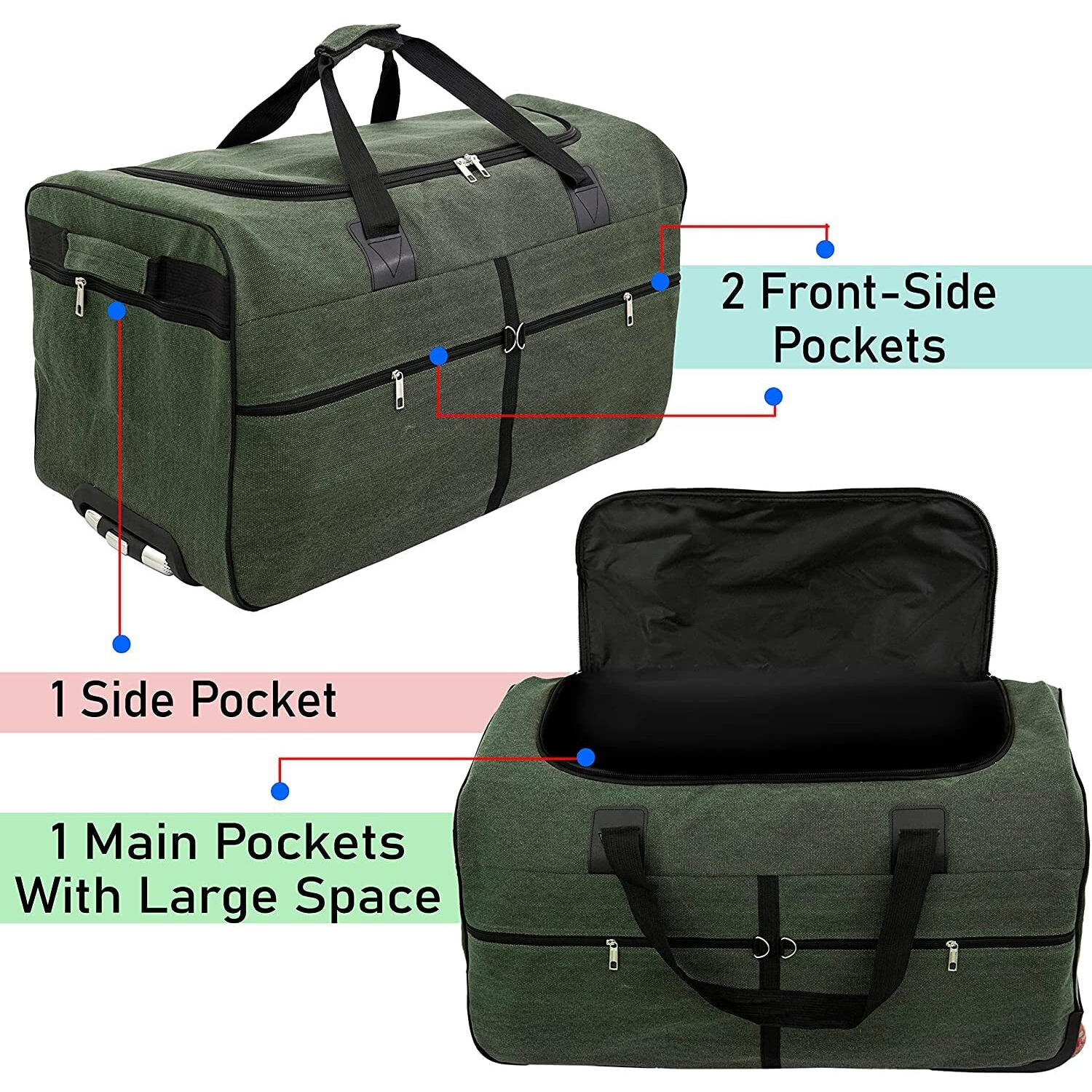 Nisun Canvas 76 Cm Extra Large Strong Travel Duffle Bag, Trolley Bag Luggage Trolley Duffel Storage Bag With 2 Wheels, Inline_Skate_Wheel & Pull Rod Handle, Olive (75 X27X45 Cm)